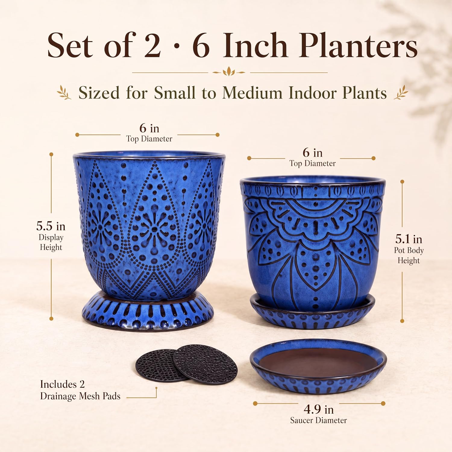Gepege Ceramic Plant Pots, 6 Inch Indoor Planters with Drainage & Saucers