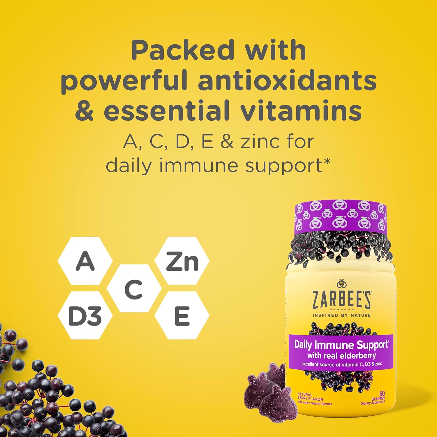 Zarbee's Kids Elderberry Immune Support Gummies, 60 ct | For Kids Ages 12+ Years, Real Elderberry, Vitamins A, C, D3, E & Zinc, No Artificial Sweeteners or HFCS