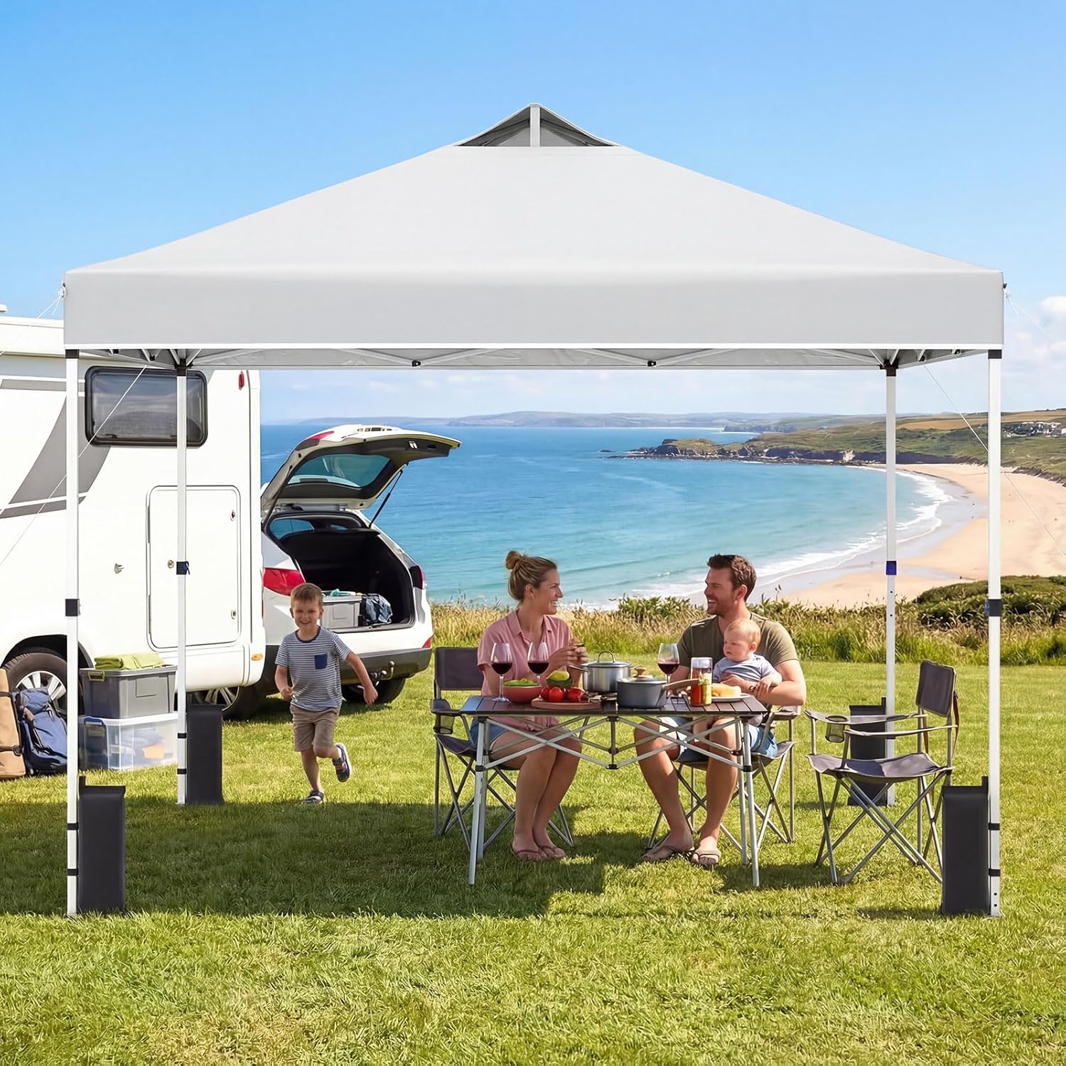 Tangkula 10 x10 Ft Pop Up Canopy with Center Lock, UPF 50+ One-Button Setup Outdoor Canopy Tent with Roller Bag, 4 Sand Bags, Heavy-Duty Steel Frame