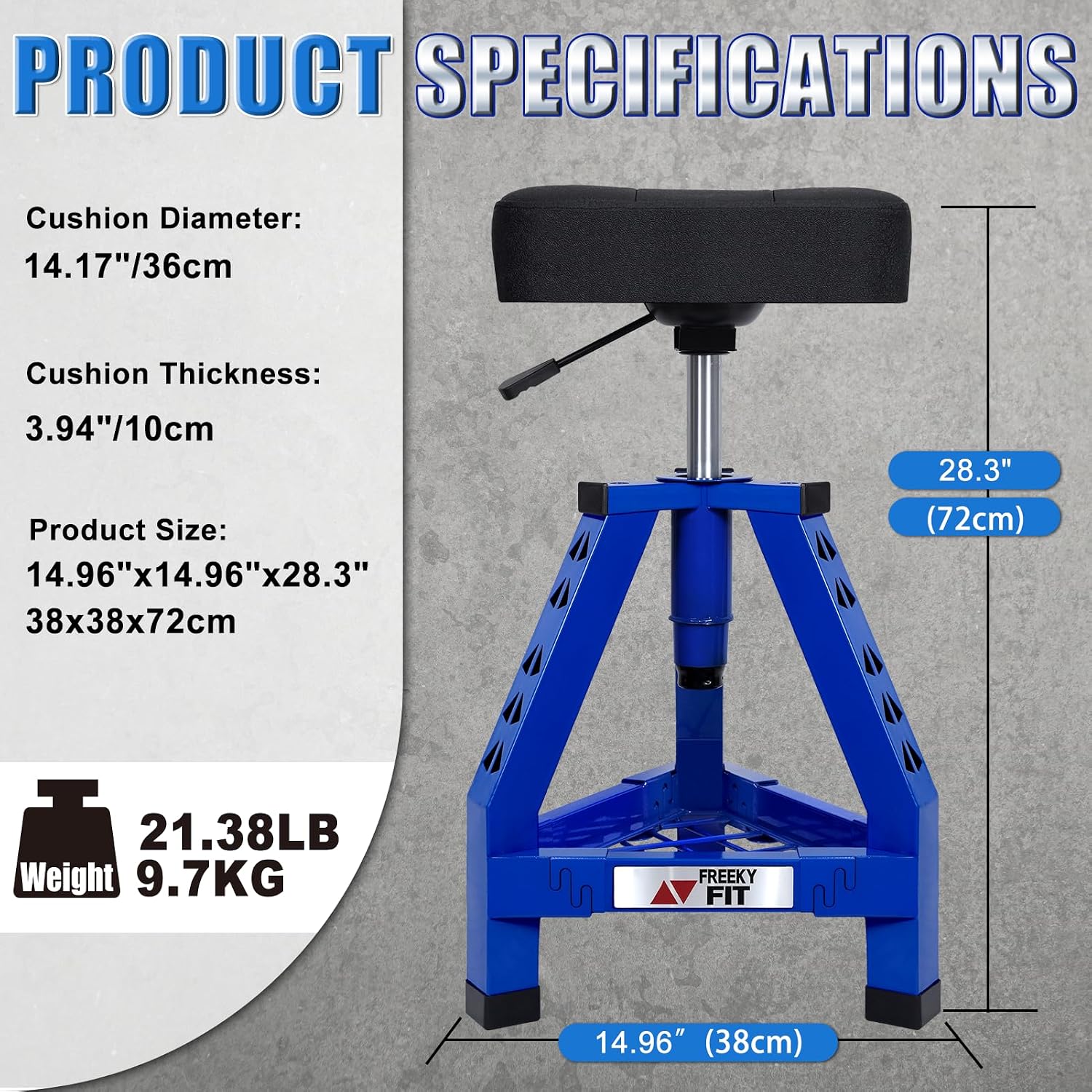 Adjustable Shop Stool,Garage Mechanic Stool Chair,Work Seat for Workshop, Adjustable Height, 360° Swivel Padded Square Seat,Tool Storage, 350 LBS Capacity, Heavy Duty, Blue