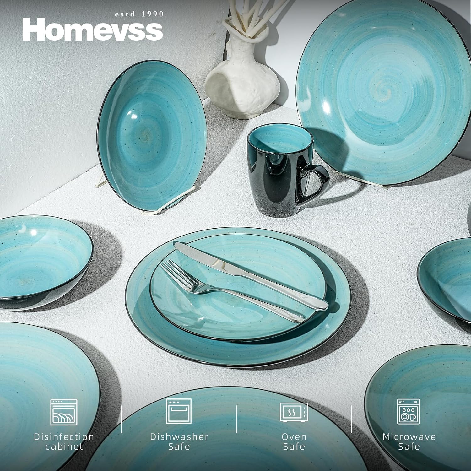 HomeVss, Sonoma Stoneware Dinnerware Set, Outside Black + Inside Hand Painting Color (16pc Set, Grey)