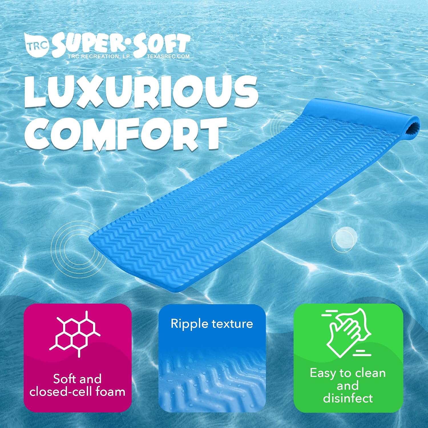 TRC Recreation Serenity 1.5” Thick Vinyl Coated Foam Swimming Pool Float Mat Adult Lounger with Built-in Roll Pillow