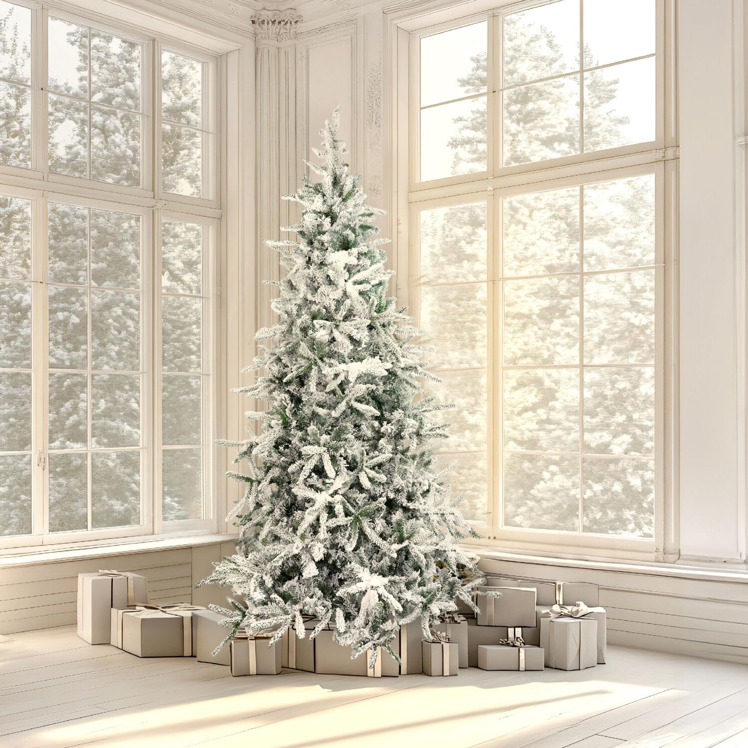 Fraser Hill Farm 7.5-Ft. Mountain Pine Flocked Artificial Christmas Tree with Stand, Unlit Foldable Fake Tree with Realistic Snowy Foliage for Home Decoration