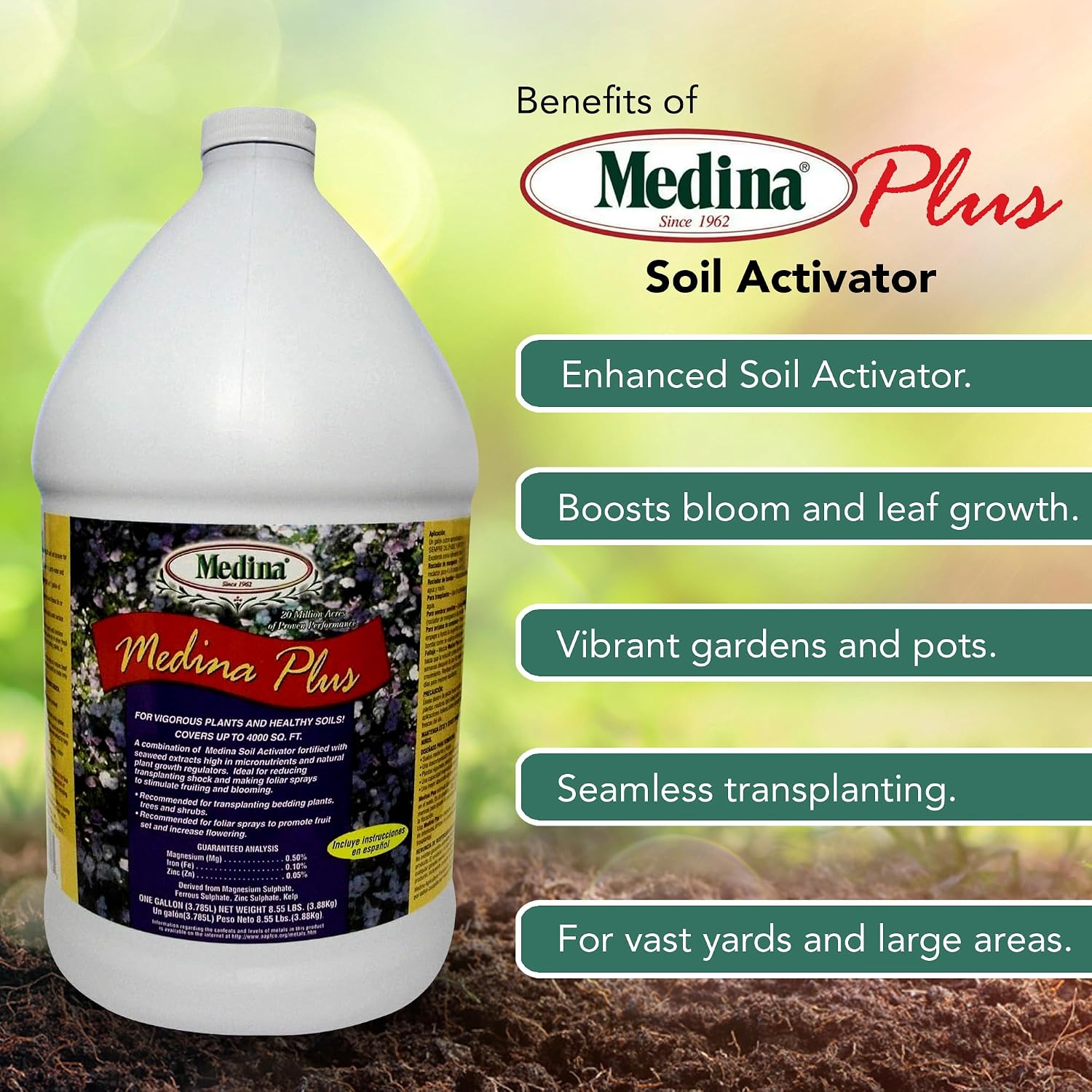 Medina Plus Soil Activator - Liquid Soil Loosener for Lawns & Gardens - Micronutrient-Rich Soil Conditioner & Softener - Used with House Plant Fertilizer, Liquid Plant Food for Houseplants - 1 End Qt