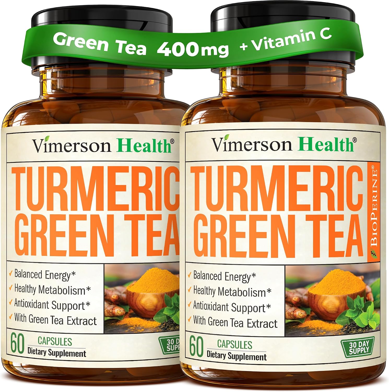 Turmeric Curcumin Supplement with Green Tea Extract (ECGC) & Vitamin C for Joint Health, Energy & Inflammation Balance - Organic Tumeric Curcumin with Black Pepper - Gluten-Free, Non-GMO - 60 Capsules