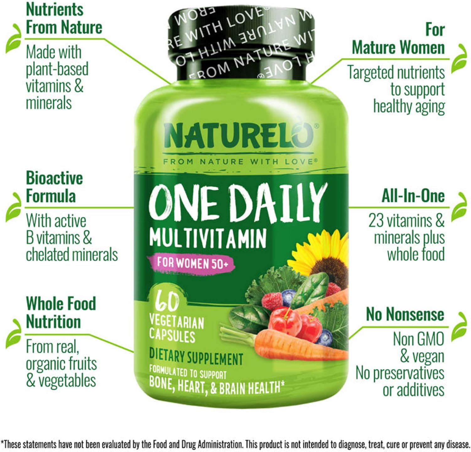 NATURELO One Daily Multivitamin for Women 50+ (Iron Free) - Menopause Support for Women Over 50 - Whole Food Supplement - Non-GMO - No Soy - 60 Capsules - 2 Month Supply | Energy Support, Whole Food Daily Women Multivitamin Supplement, Nourish Hair/Skin/…