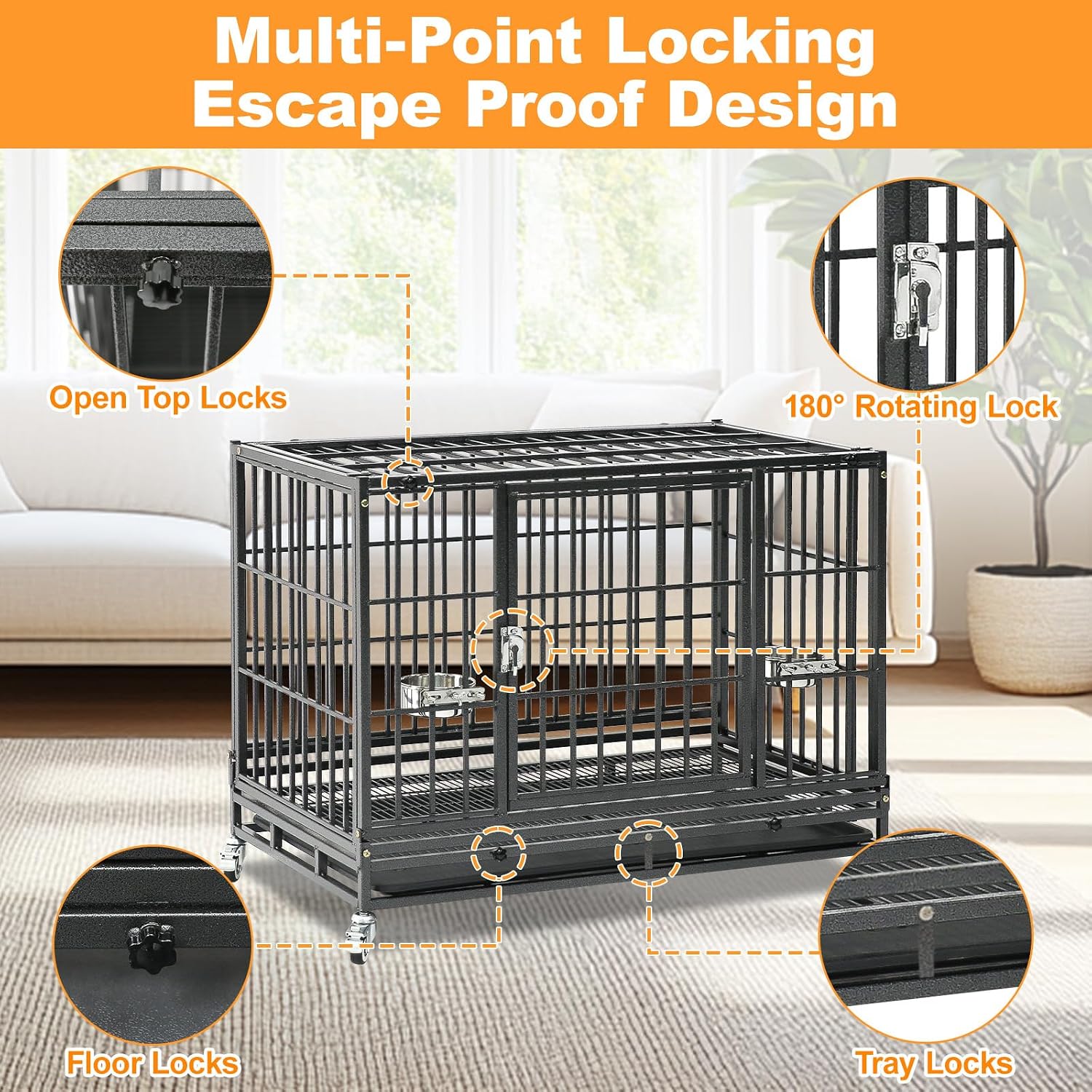 Homey Pet Three Tiers 43 inch Heavy Duty Dog Crate with Wheels, Dual Doors | Stackable Indestructible Steel Dog Cage Kennel Indoor with Divider, Trays, Bowls, Escape Proof Locks for Breeders and More