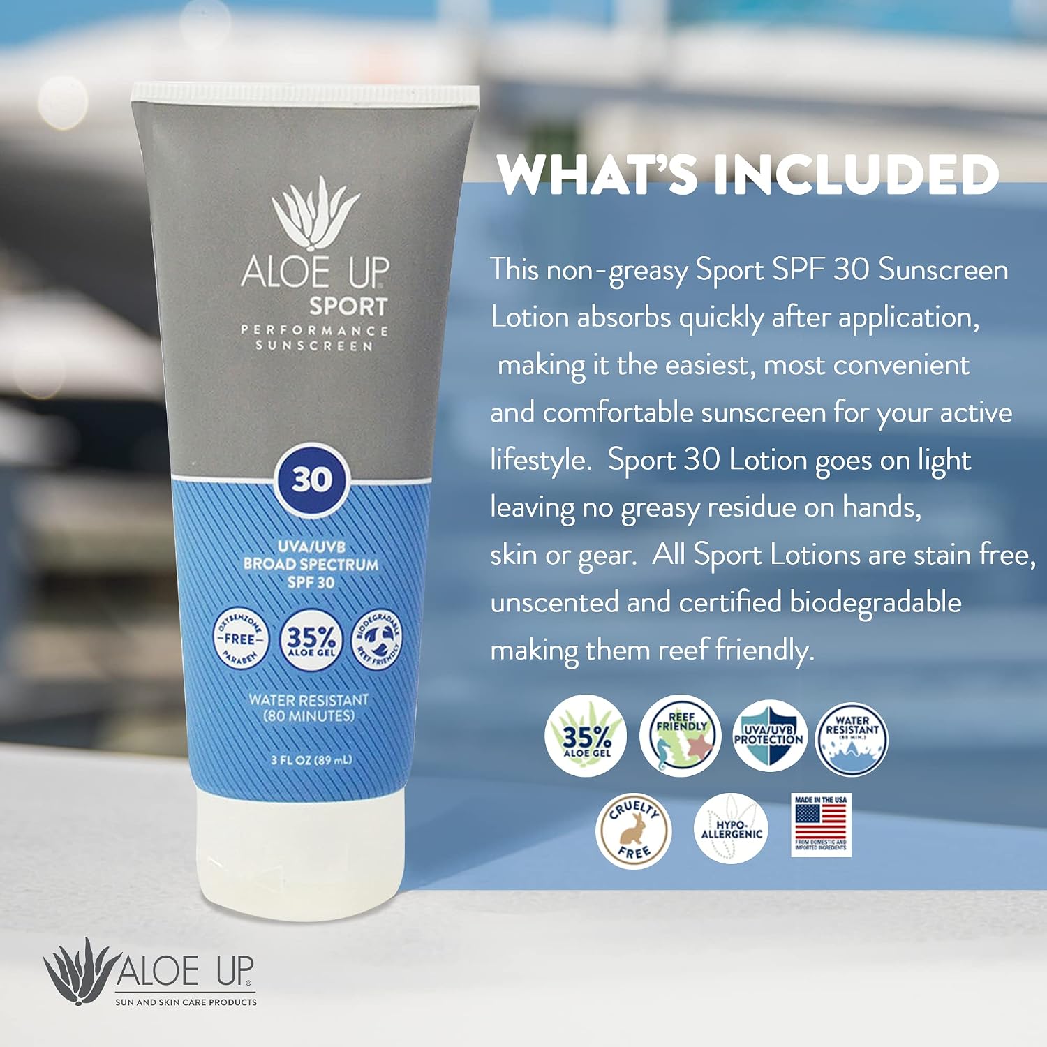 Aloe Up Sport Sunscreen Spray SPF 15, Water Resistant, Non-greasy, 6 oz | Broad-spectrum SPF 15; Water resistant up to 80 min; Non-greasy, With aloe vera gel, fragrance-free