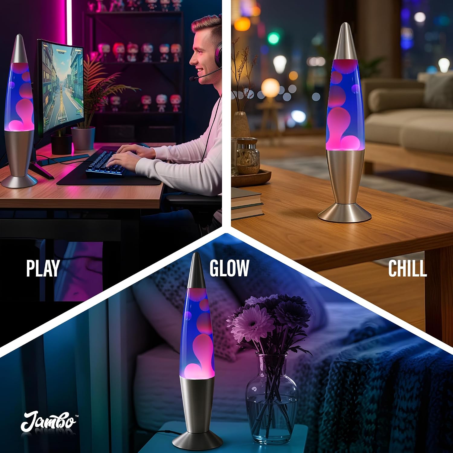 JAMBO 16" Beautiful Lamp- Purple with Yellow/Orange Wax, Relaxing Liquid Light, Night Light Nightlight