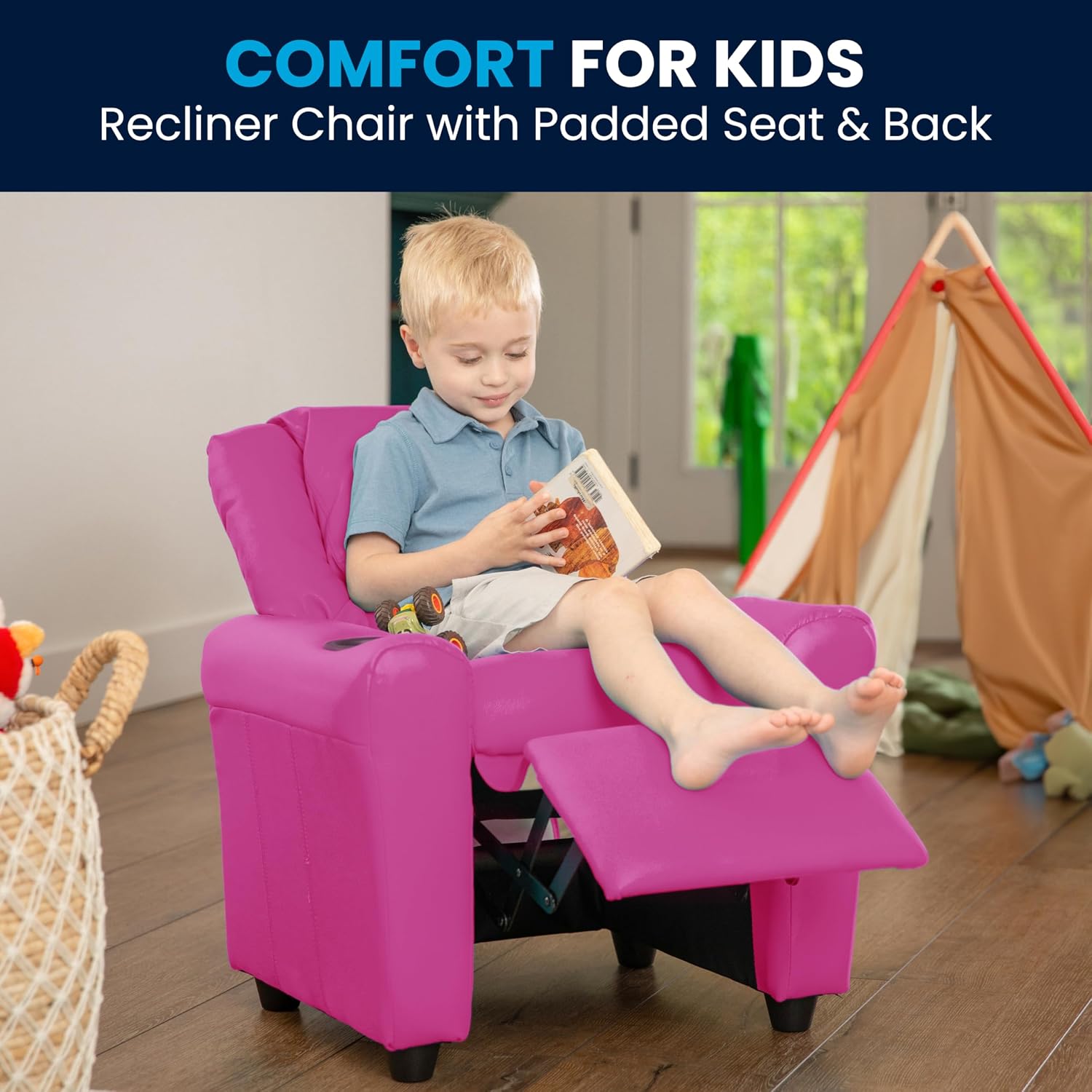 Flash Furniture Vana LeatherSoft Kids Recliner with Cup Holder, Headrest, and Safety Recline, Contemporary Reclining Chair for Kids, Supports up to 90 lbs., Brown | Manual Recline, Padded Seat and Back, Child-Friendly Design, Safety Recline Feature