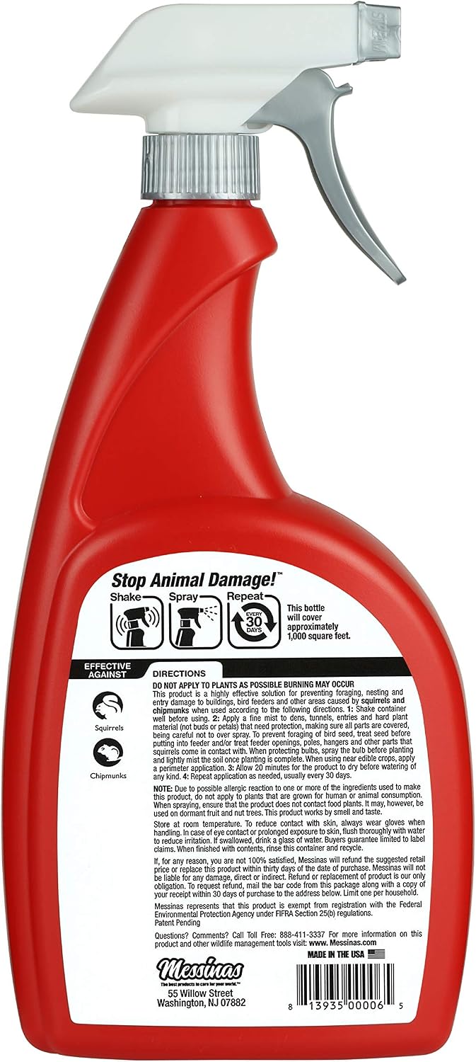 Squirrel Stopper Repellent Spray - Chipmunk & Squirrel Deterrent for Bird Feeders, Garden & Homes - Weather-Resistant Formula - Scent, Taste & Touch Barrier - Safe Around Kids & Pets - 32oz
