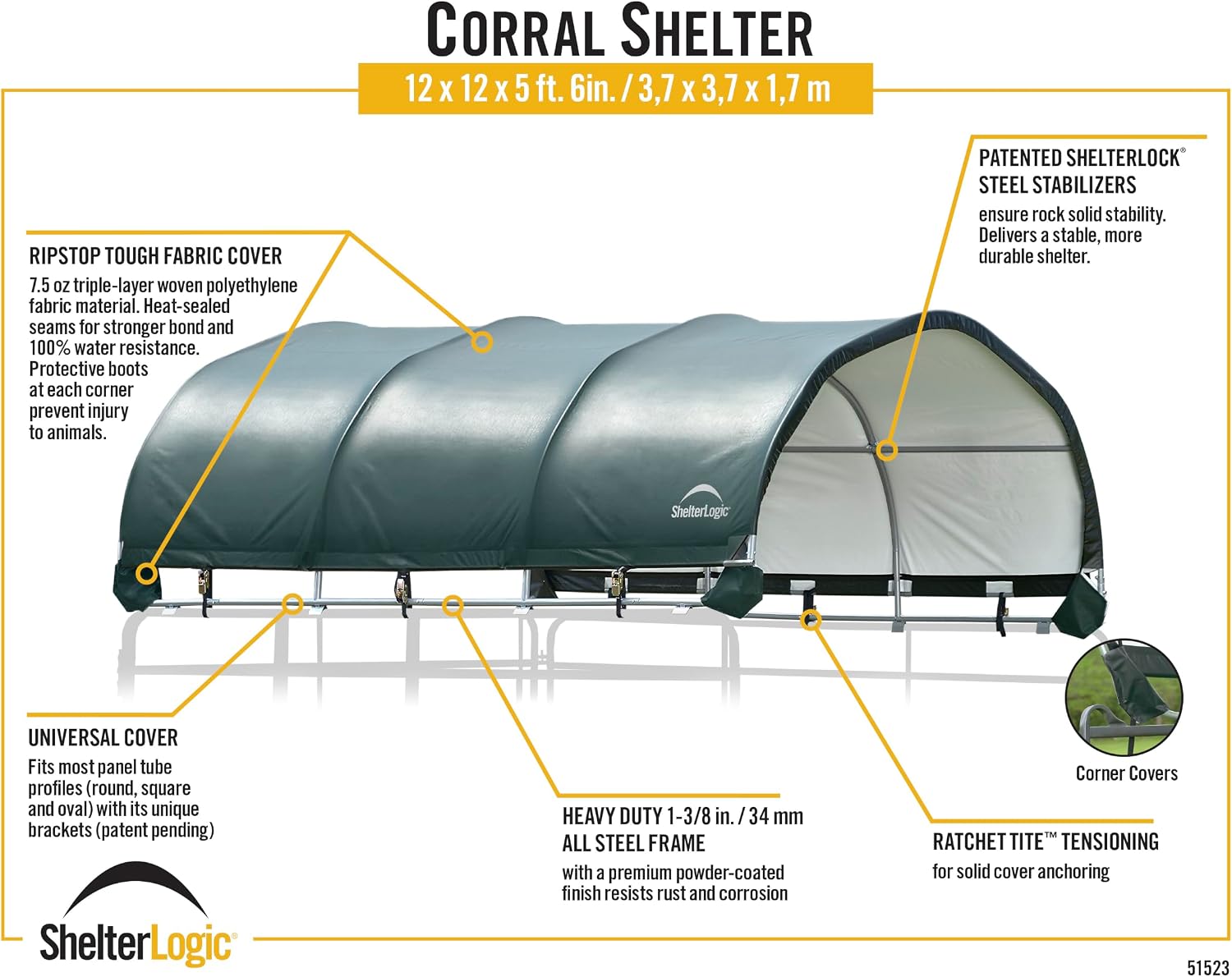 ShelterLogic Corral Shelter and Livestock Shade Waterproof and UV Treated Universal Cover for Horses, Goats