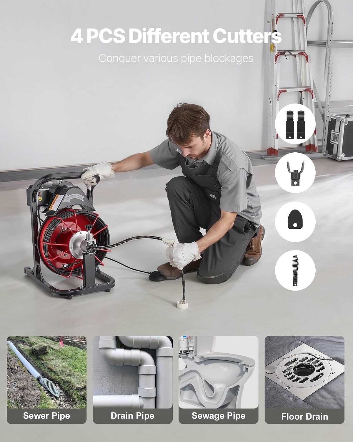 VEVOR Drain Cleaner Machine 75 FT x 3/8 Inch, Sewer Snake Auger Manual Feed with 4 Cutters & Air-activated Foot Switch for 2" to 4" Pipes