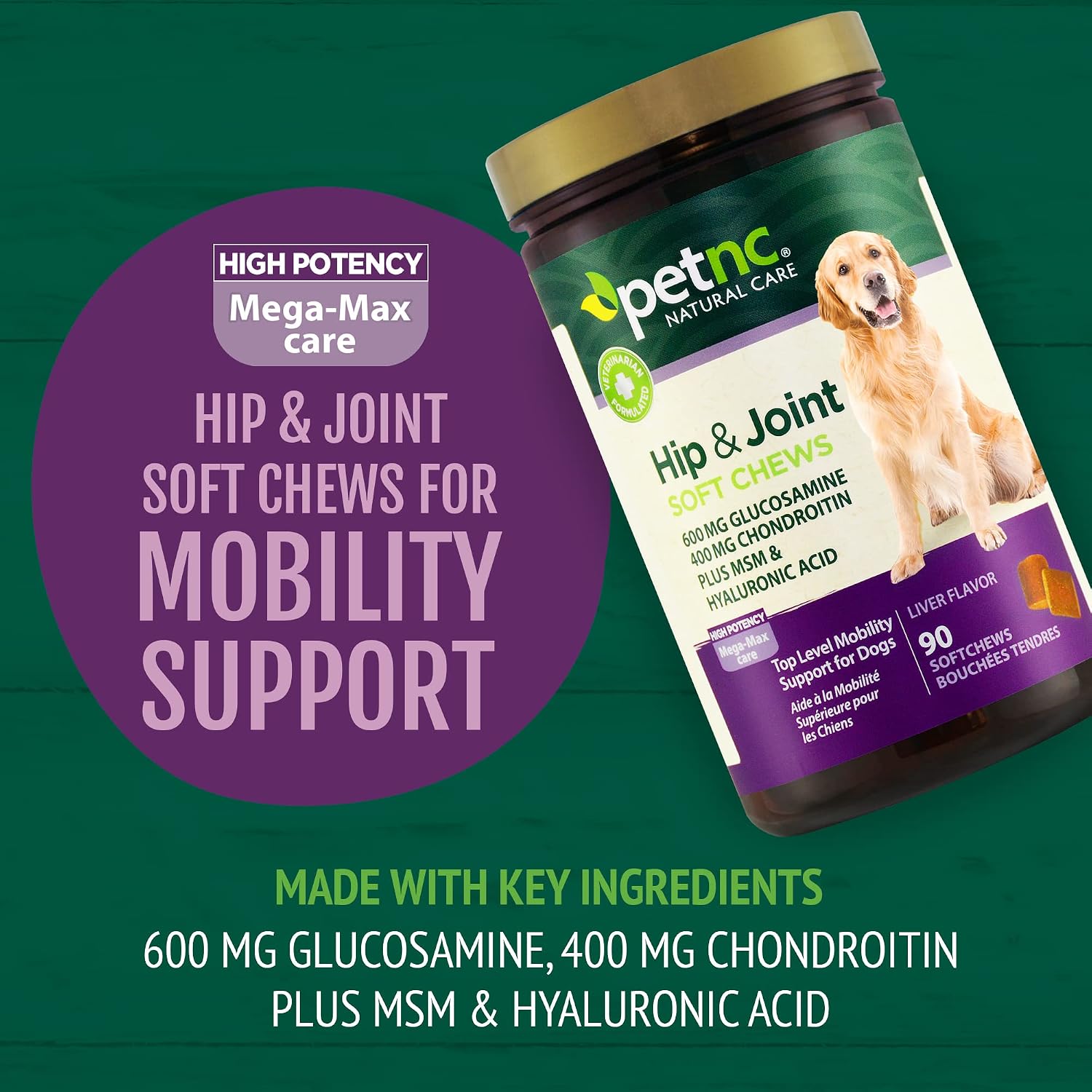 PetNC Natural Care Hip and Joint Soft Chews for Dogs, 90 Count - 27591 | Glucosamine Chondroitin MSM Dog Chews with Hyaluronic Acid, Liver Flavored Bone & Joint Support Supplement, For All Breeds