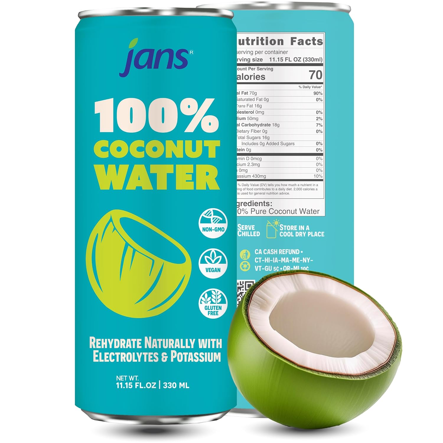 Jans 100% Coconut Water With Pulp, Unsweetened, 16.57 Fl Oz, Pack of 12