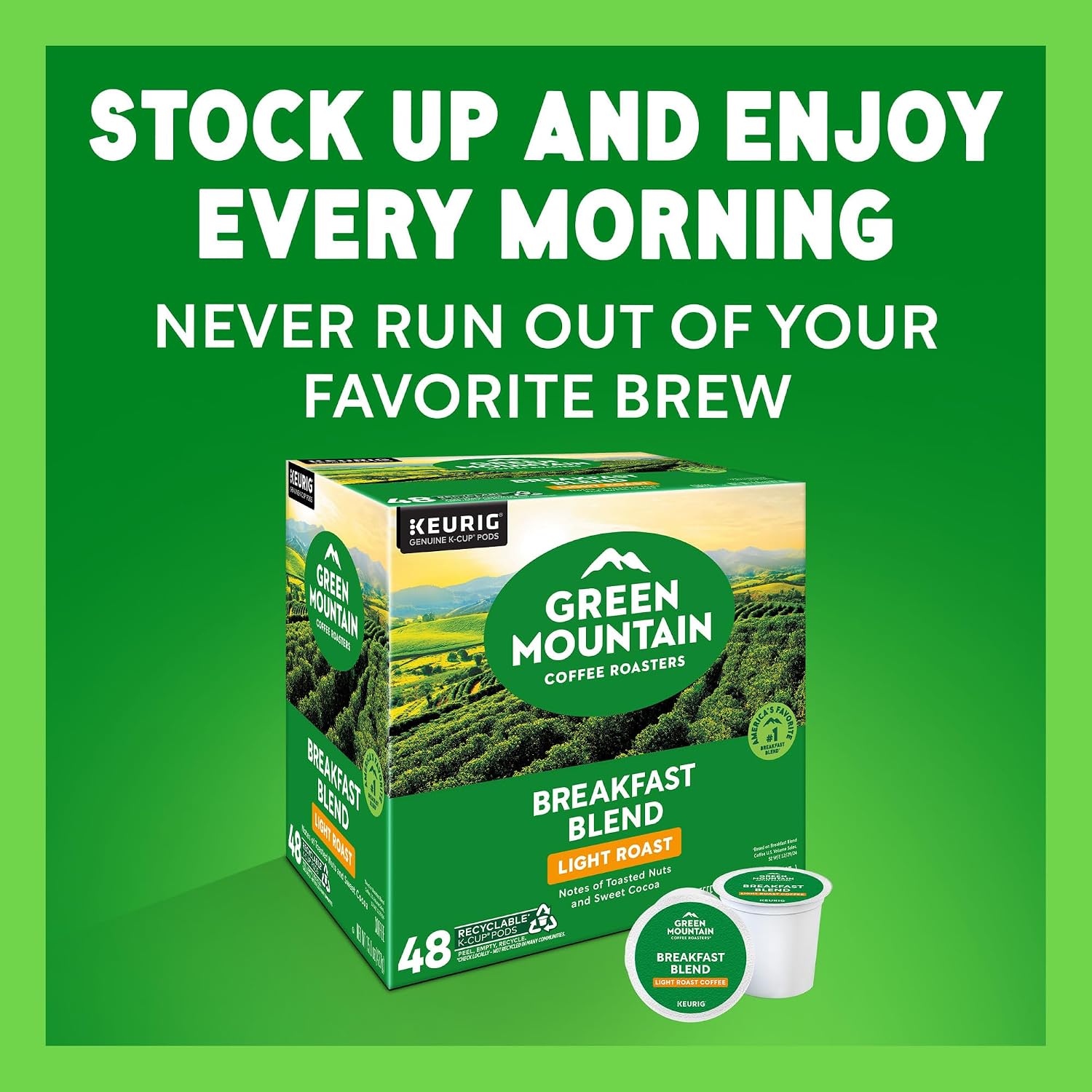Green Mountain Coffee Roasters Breakfast Blend Single-Serve Keurig K-Cup Pods, Light Roast Coffee, 96 Count