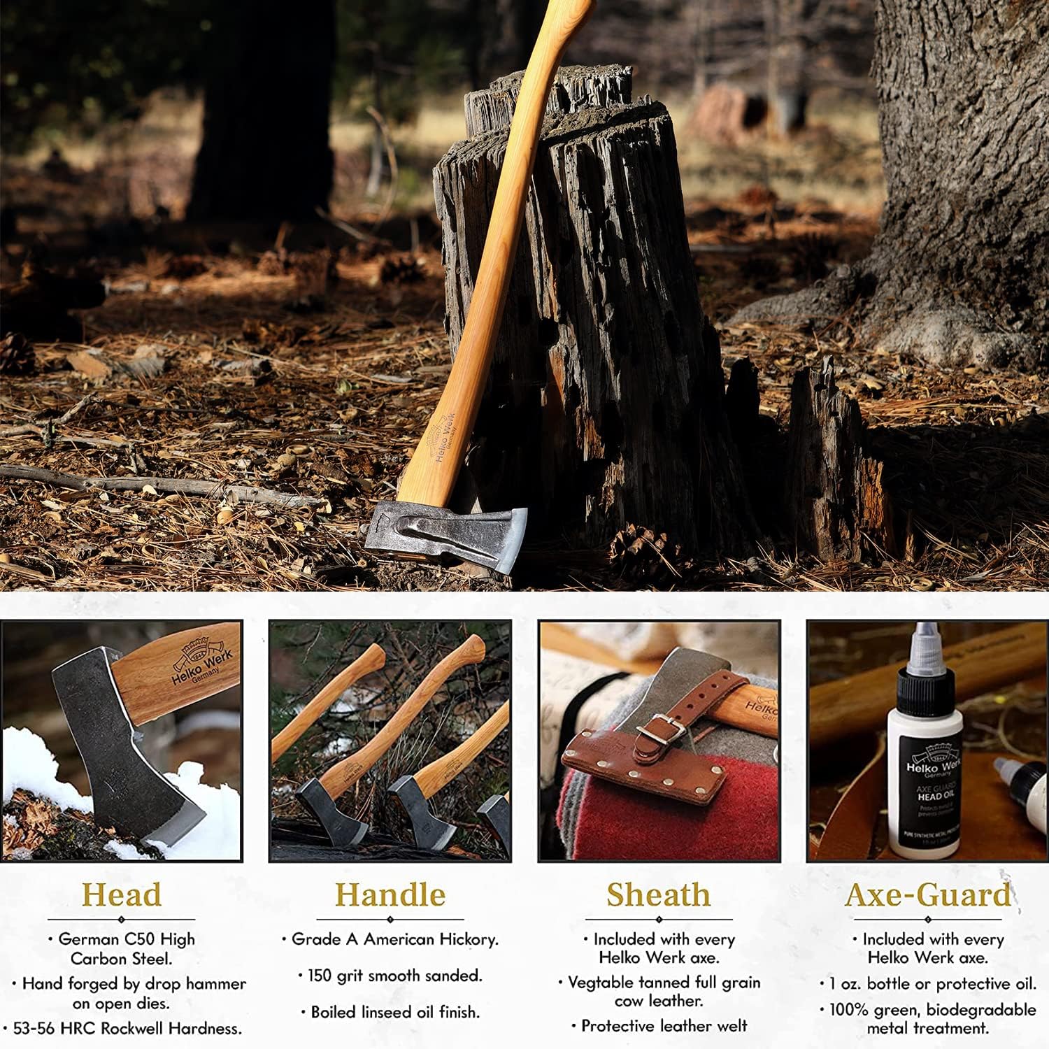 1844 Helko Werk Germany Traditional Hessen Woodworker Felling Axe (13563) | Made in Germany Hand Forged Felling Axe and Cutting Forest Axe for Felling Trees Head 2-3/4 lbs, Handle 28 inches