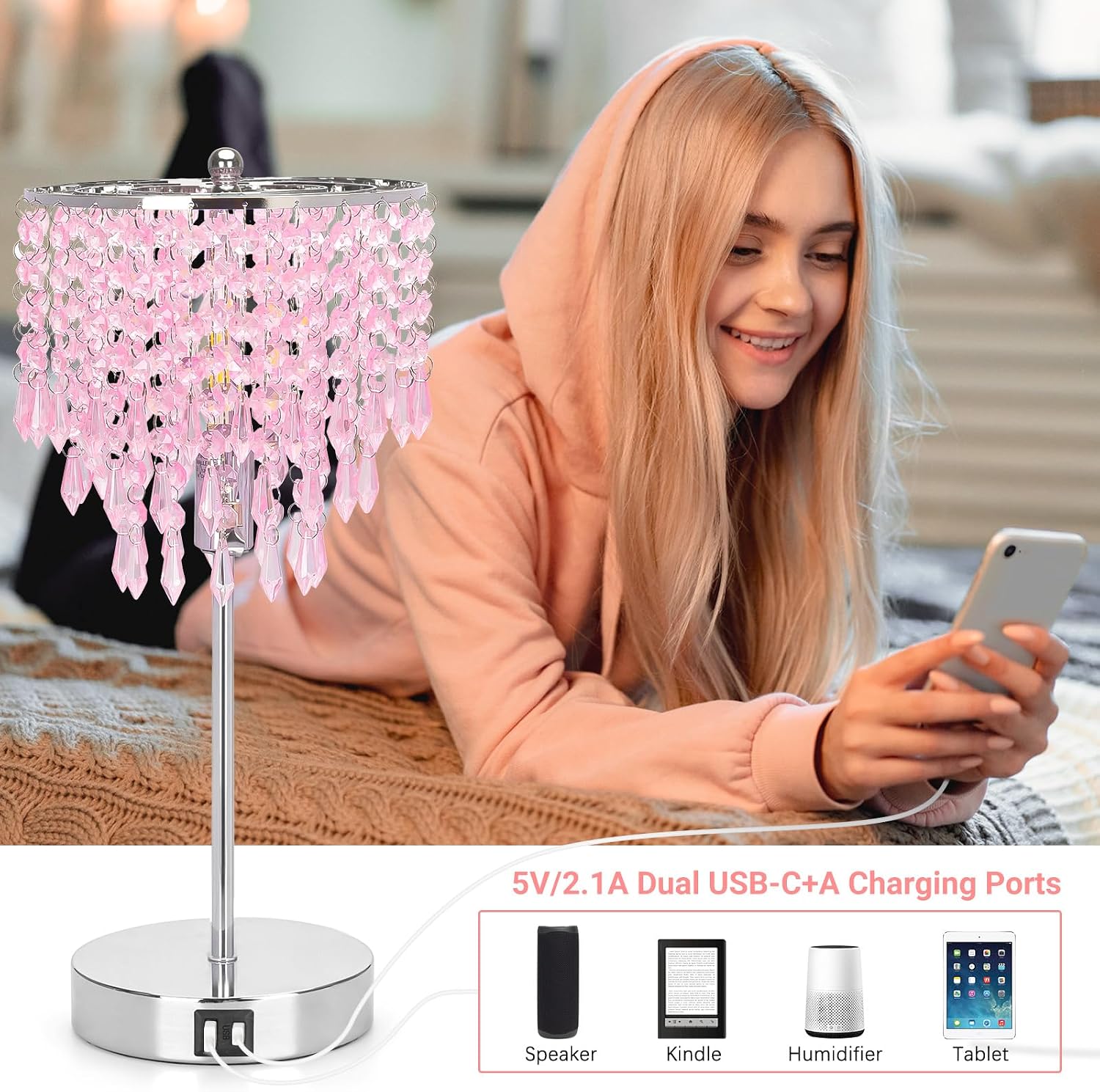 Touch Control Crystal Table Lamp with USB C+A Charging Ports, 3-Way Dimmable Bedside Touch Lamp Decorative Nightstand Lamp with Elegant Lampshade for Living Room Bedroom, B11 LED Bulb Included