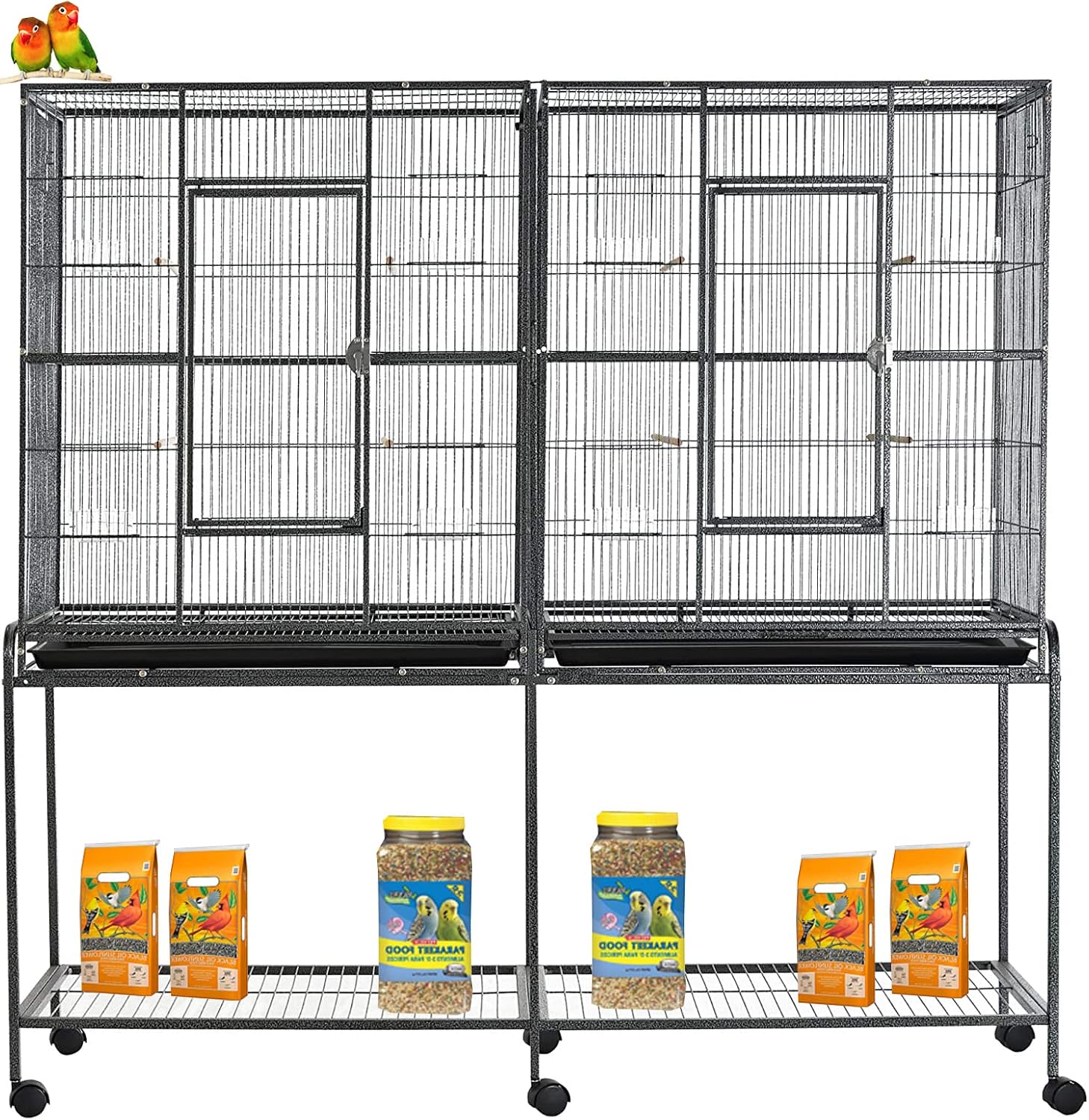 64" Extra Large Double Flight Bird Wrought Iron Double Cage Slide Out Center Divider Side Nesting Box Door Parrot Cage Cockatiel Conure with Removable Rolling Stand Storage Shelf