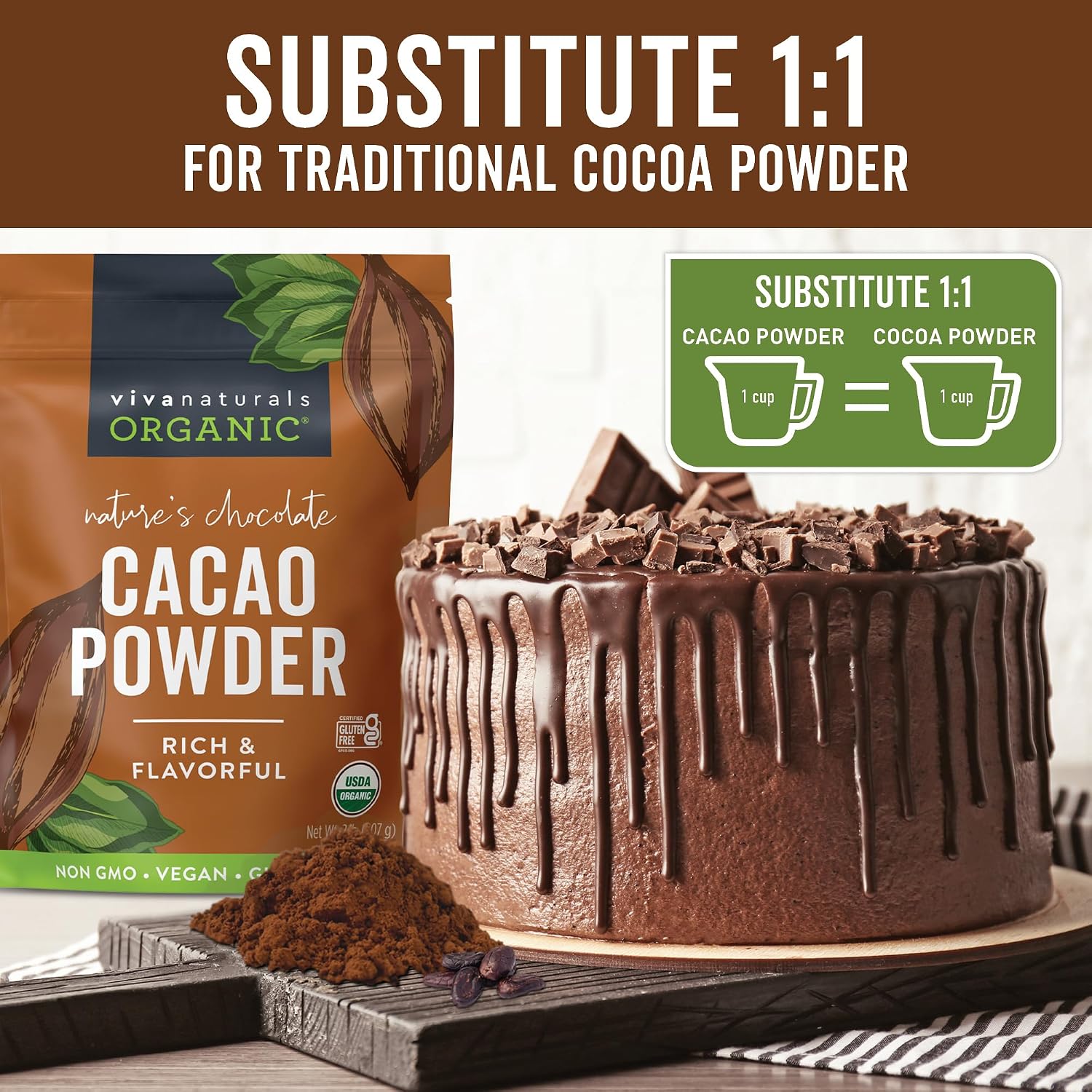 Organic Cacao Powder, Unsweetened, 1 lb (454 g) – Rich Dark Chocolate Flavor, Perfect for Baking, Smoothies & Hot Chocolate – Vegan, Keto, Paleo, Non-GMO & Gluten-Free Cocoa Powder