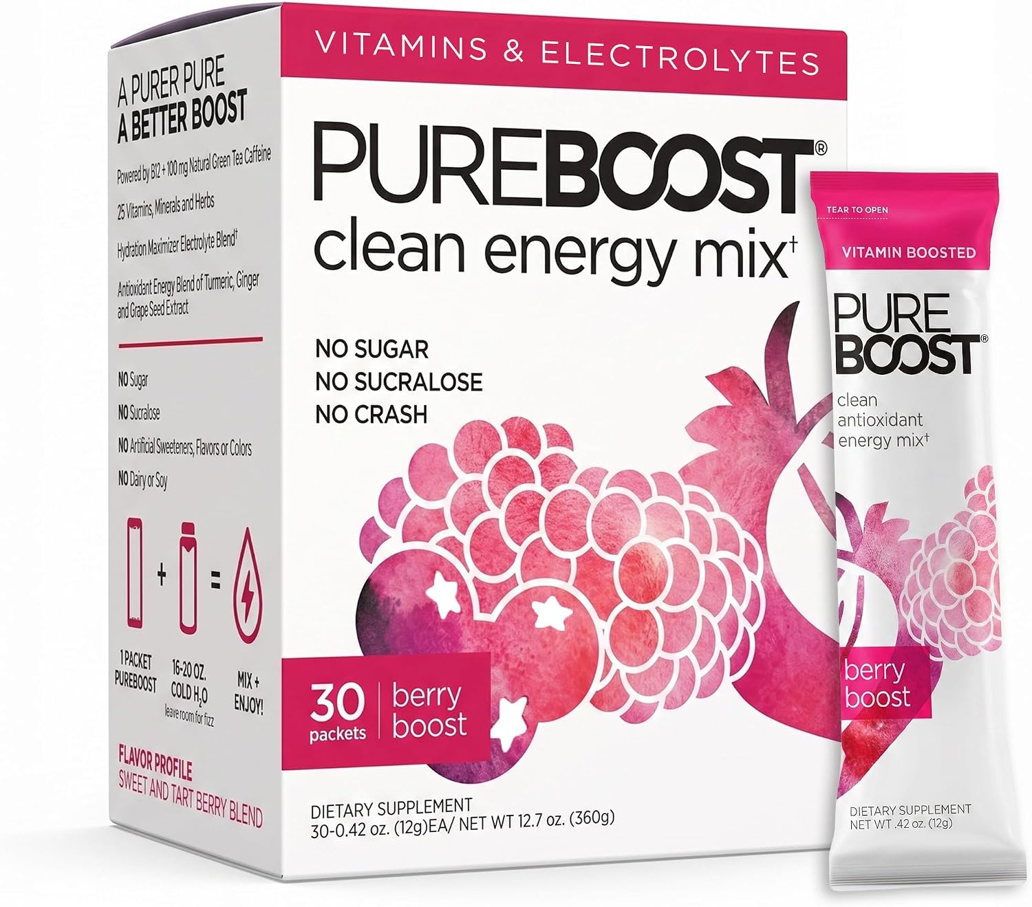 Pureboost Sugar-Free Clean Energy Booster Drink Mix, Citrus Sunrise 30ct | B12 vitamins, low sodium electrolytes & antioxidants. 25 vitamins and minerals. No sucralose.