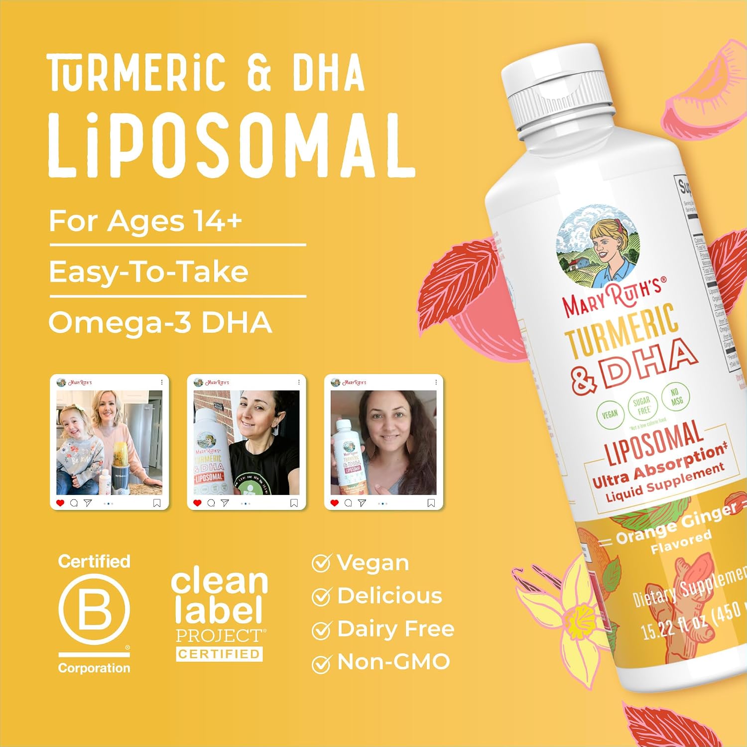 MaryRuth's Turmeric & DHA Liposomal Liquid, Ultra Absorption, 15.22 oz