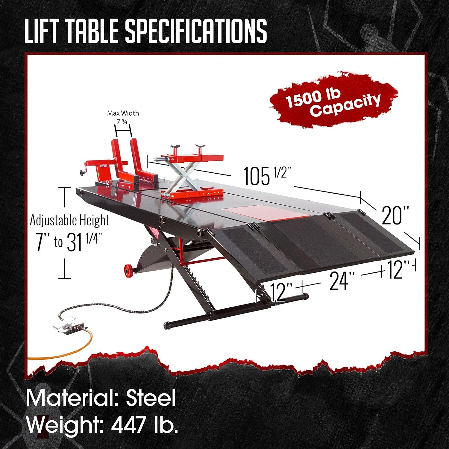 Motorcycle Lift Table, Pneumatic, 1,500 lb, ProLift, 31.25" H, Black Widow | Jack included, raise bike for service, maintenance, repair, handy, compressed air (compressor not included), push mower