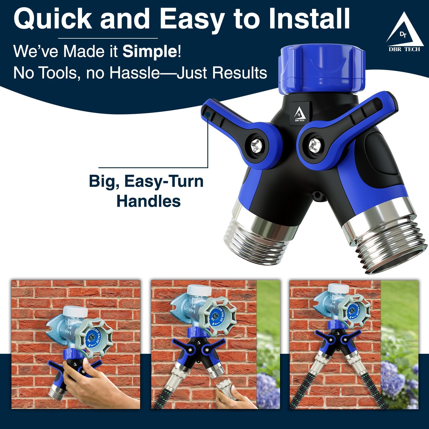 DBR Tech® Hose Splitter 2 Way, Heavy Duty Metal Connector, Two Way Garden Hose Splitter, High Flow Spigot Faucet Bib Adapter