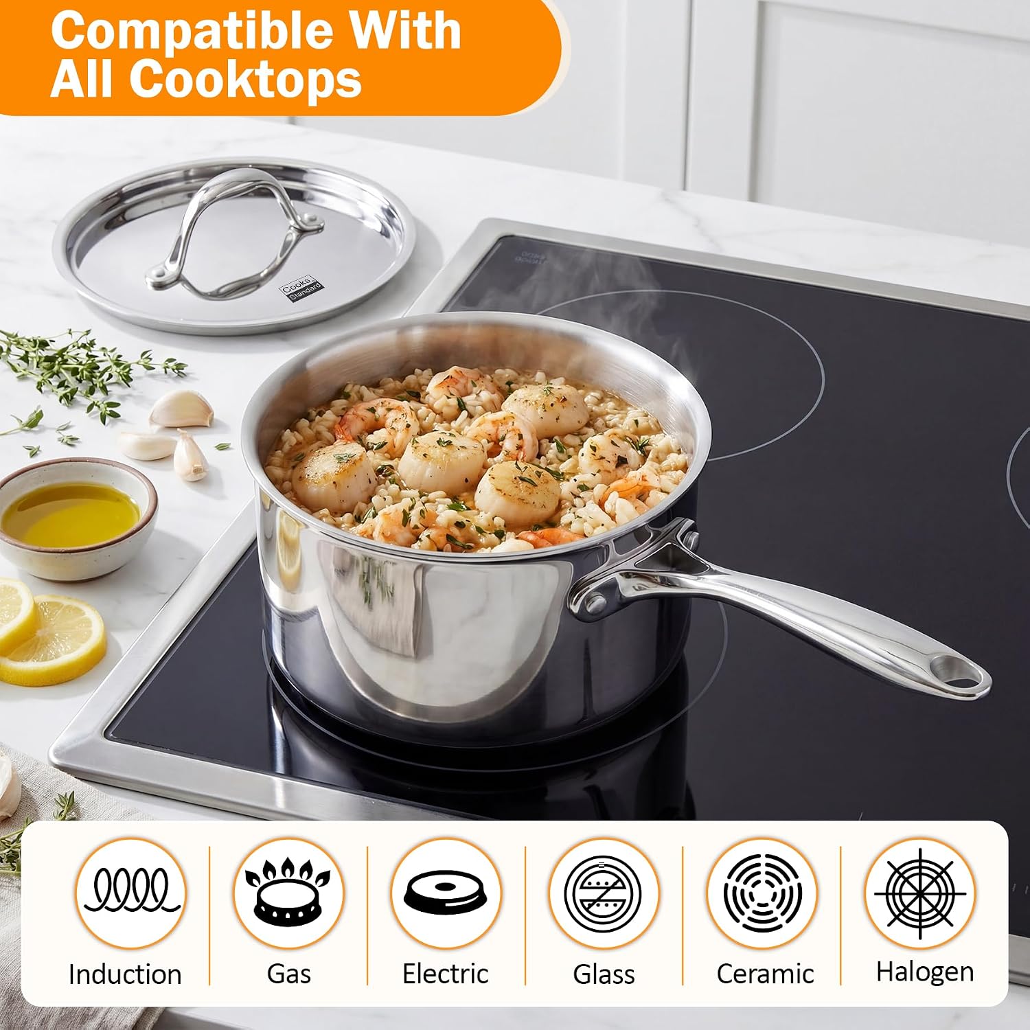 Cooks Standard Multi-Ply Clad 1.5 Quart Stainless Steel Saucepan with Lid, Small Kitchen Induction Cooking Sauce Pot Pan, Dishwasher & Oven Safe, Compatible with All Cooktops