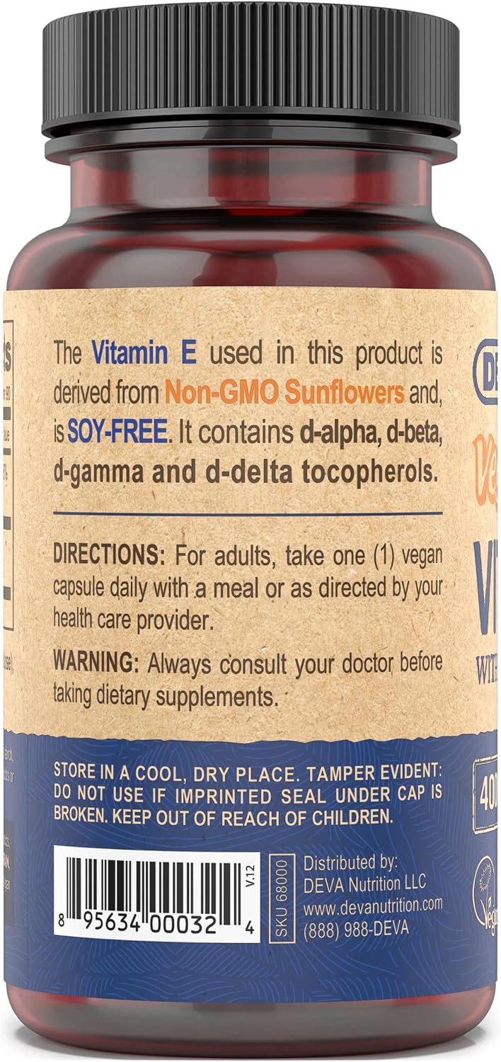 DEVA Vegan Vitamins Natural Vitamin E 400IU with Mixed Tocopherols, Supports Immune System & Skin Nutrition, Natural Antioxidant & Gluten Free, Dairy Free, Non-GMO, 90 Capsules