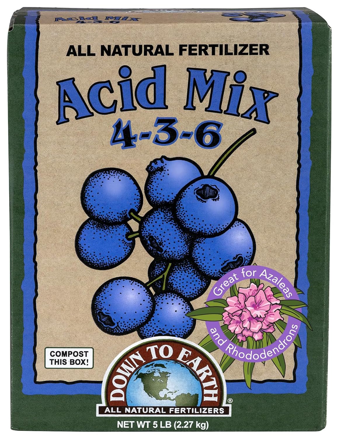 Down To Earth All Natural Fertilizers Organic Acid Mix - 4-3-6, 1 lb | Plant Food for Blueberries, Raspberries, Azaleas, Camellias, Rhododendrons, Hydrangeas, Evergreens and Acid-Loving Plants