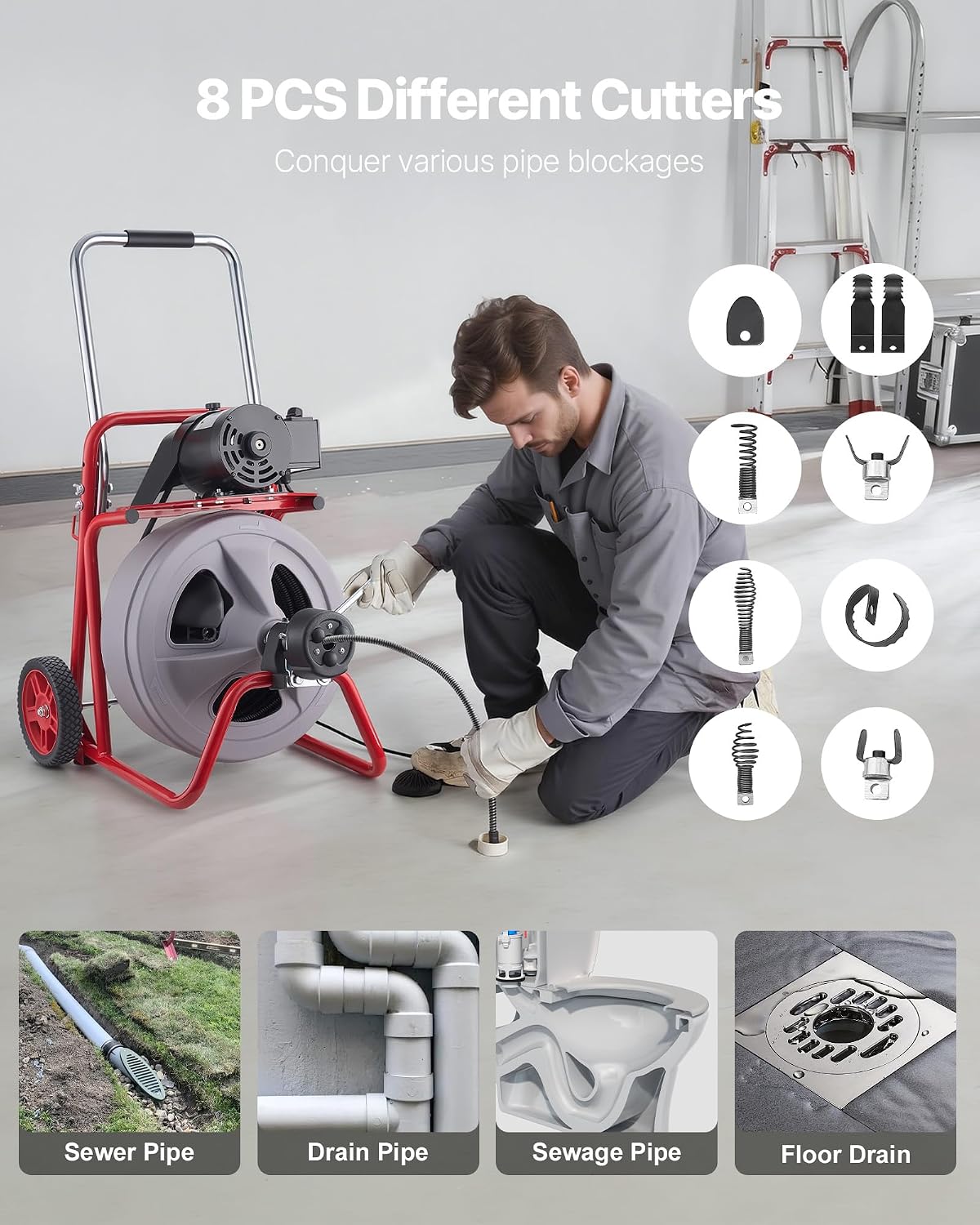VEVOR Drain Cleaner Machine 100 FT x 1/2 Inch, Auto Feed Sewer Snake Drain Auger on Wheels, Portable Drain Cleaning Machine with 8 Cutters & Air-Activated Foot Switch for 2" to 6" Pipes