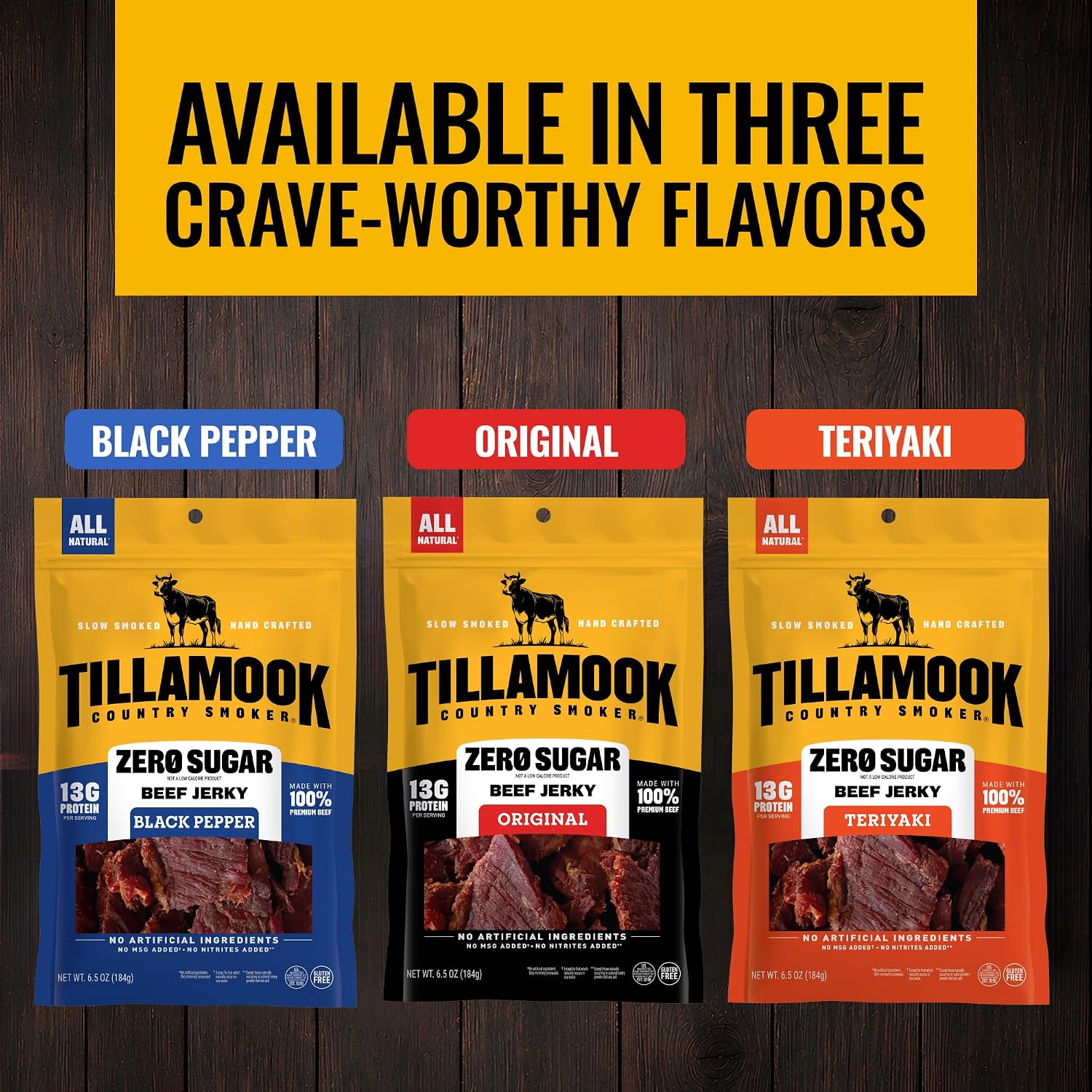 Tillamook Country Smoker Zero Sugar Original Beef Jerky Sticks, 6.5 Oz, 14g Protein, Real Hardwood Slow-Smoked, High Protein, Low Carb Meat Snacks, Keto-Friendly, 0g Sugar & Total Carbs