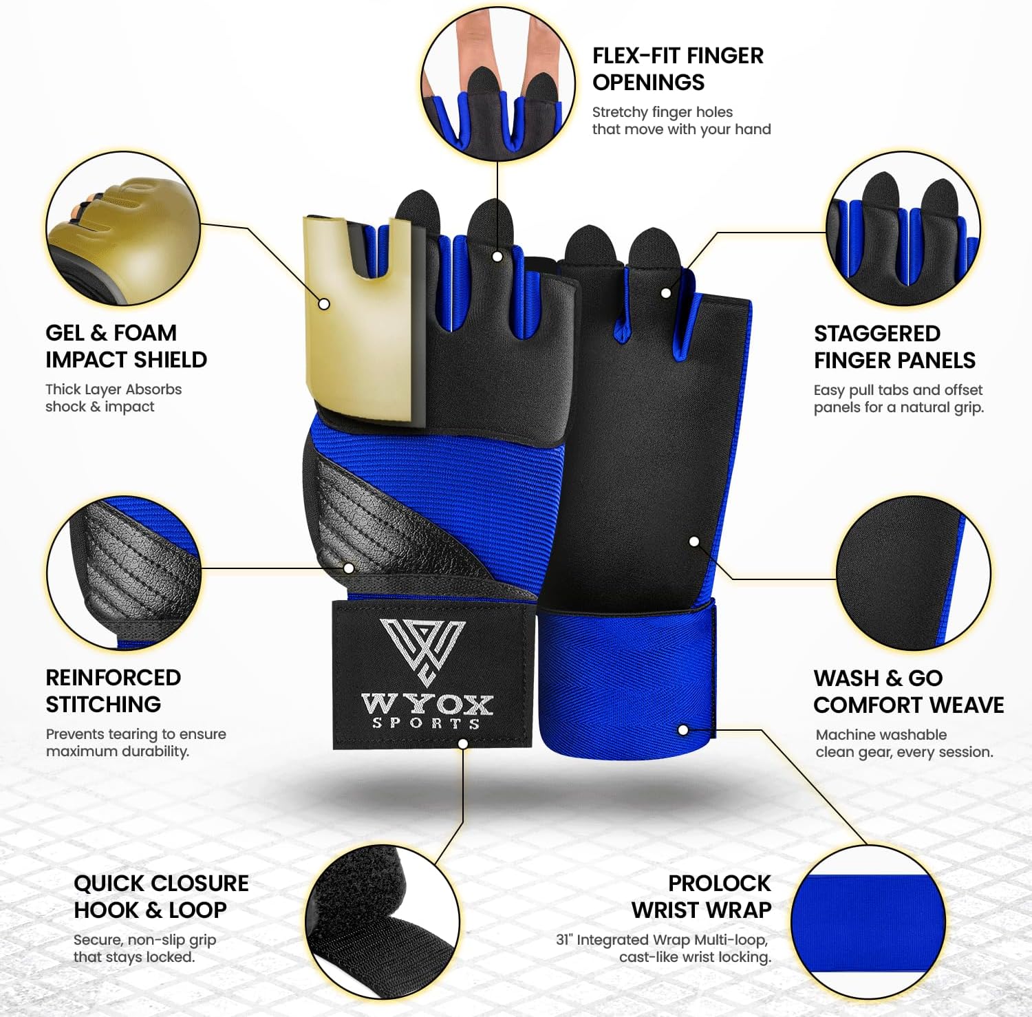 WYOX Neoprene Gel Boxing Hand Wraps Inner Gloves for Men & Women – 80cm/31in Quick Wrist Strap, Padded Knuckle Protection