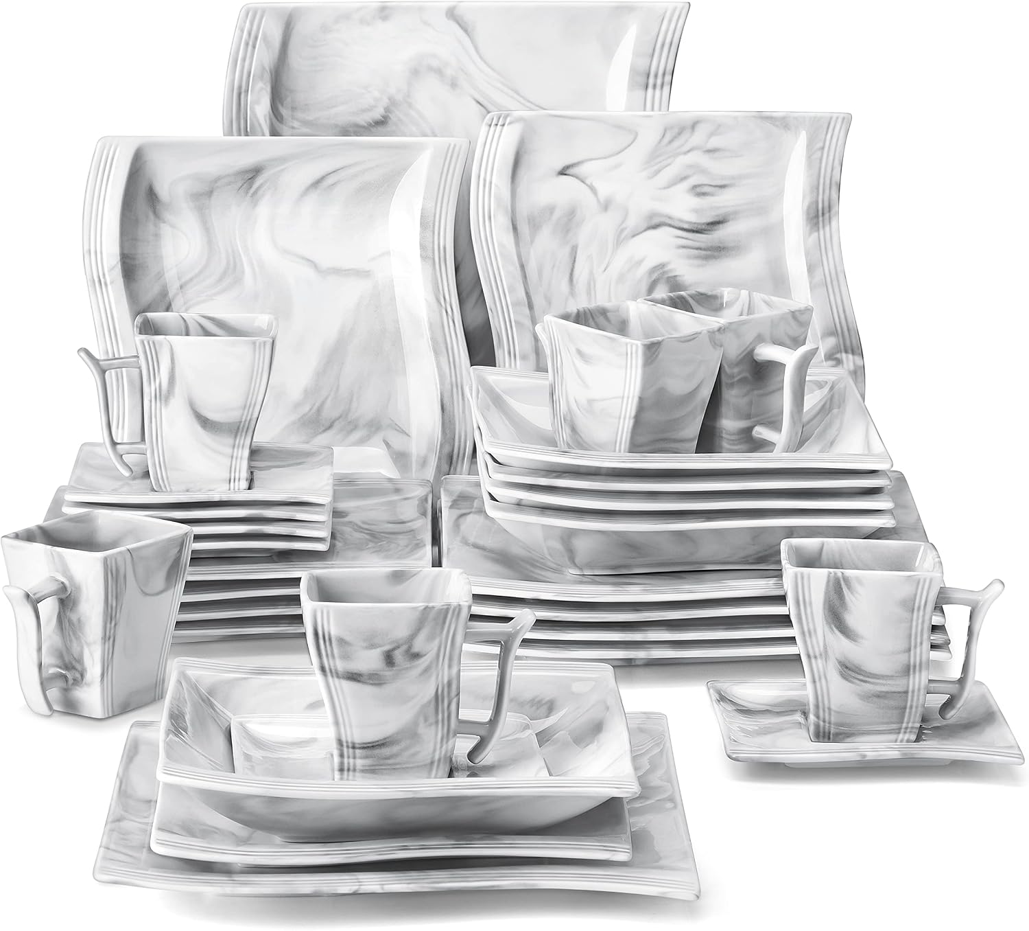 MALACASA Plates and Bowls Sets, 26 Pieces Ivory White Porcelain Dinnerware Sets without Mugs, Square Dinnerware with Dinner Plates, Bowls and Serving Platters, Modern Dish Set for 6, Series Flora