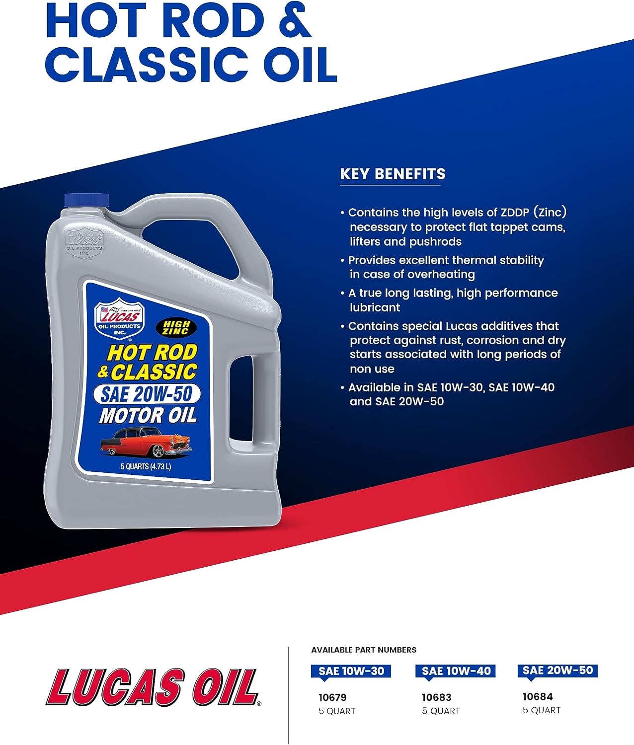 Lucas Oil 10688 Hot Rod and Classic Car SAE 10W-40 Motor Oil - 1 Quart