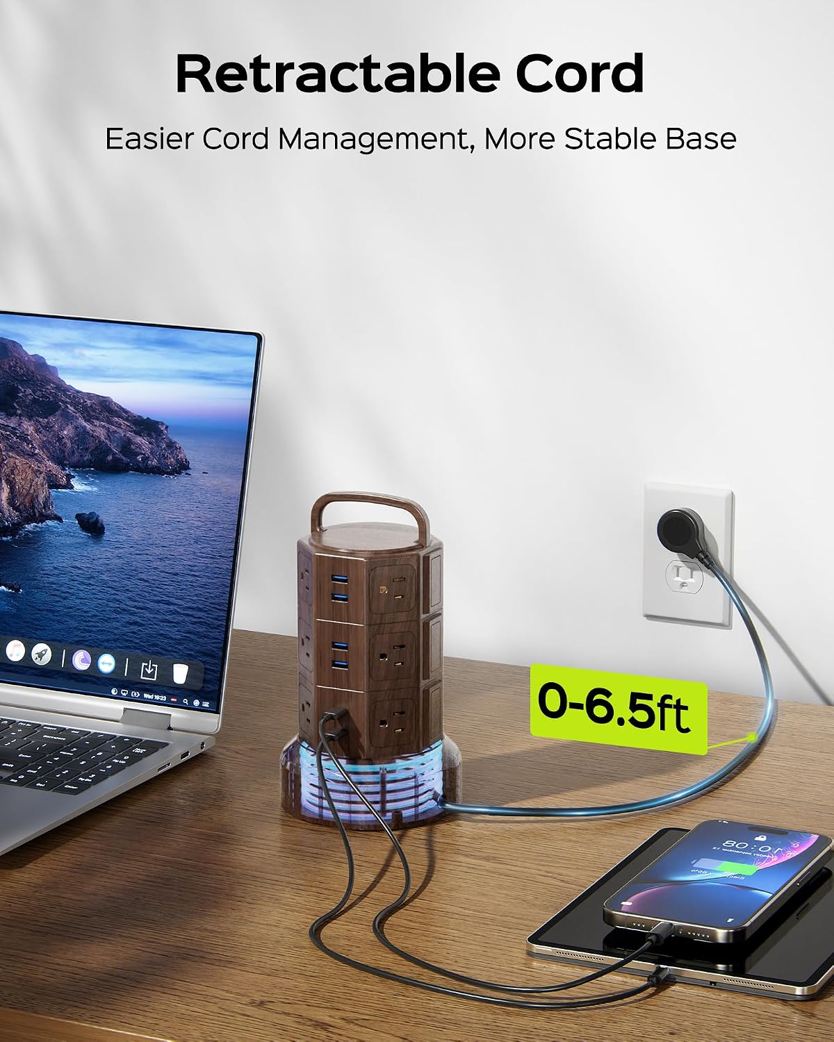 JACKYLED Power Strip Tower Surge Protector, 12 AC 6 USB (2 USB C), 1050J