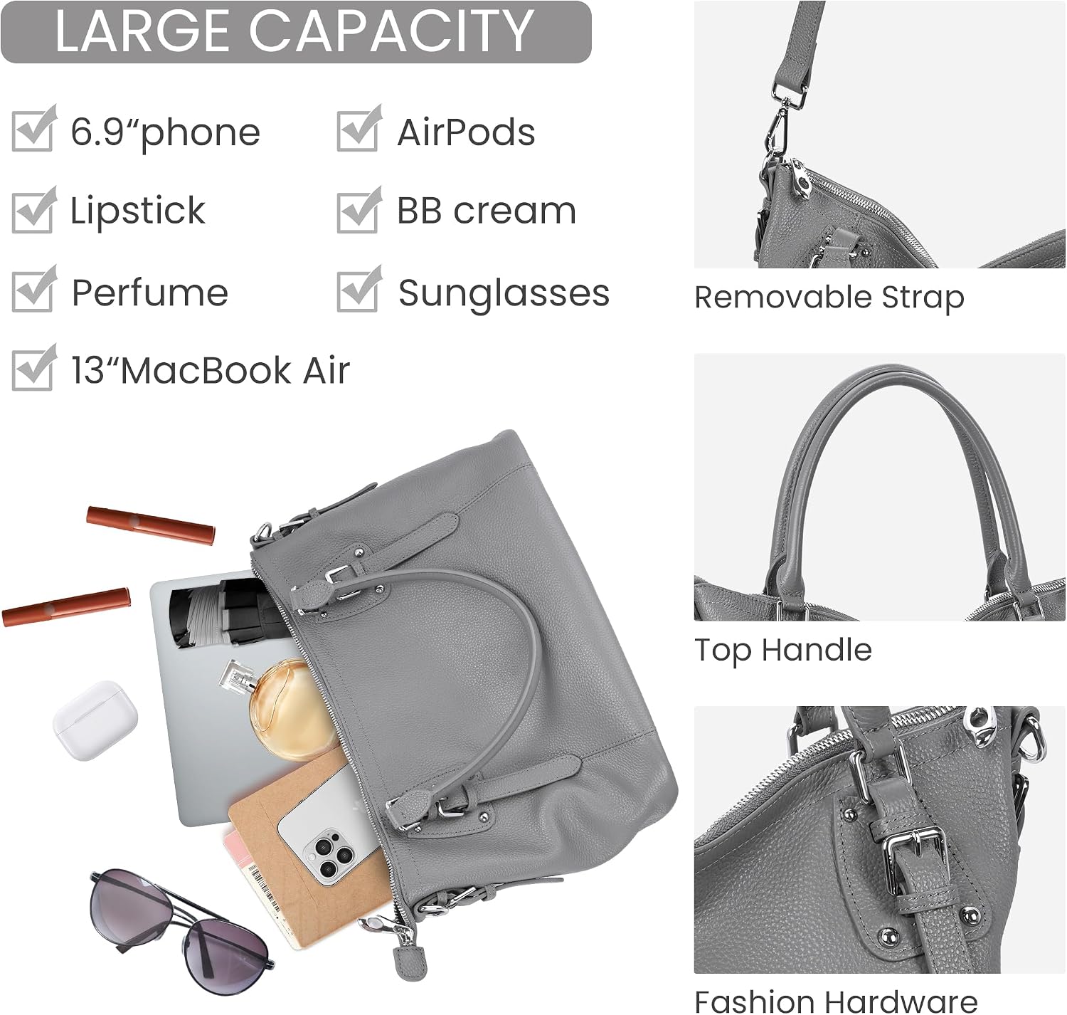 HESHE Leather Purses and Handbag for Women Shoulder Bag Tote Top Handle Bag | Genuine Designer Large Capcity Hobo Crossbody Satchel Travel Work Ladies Zippered Ladies Daily Bag Adjustable Long Strap