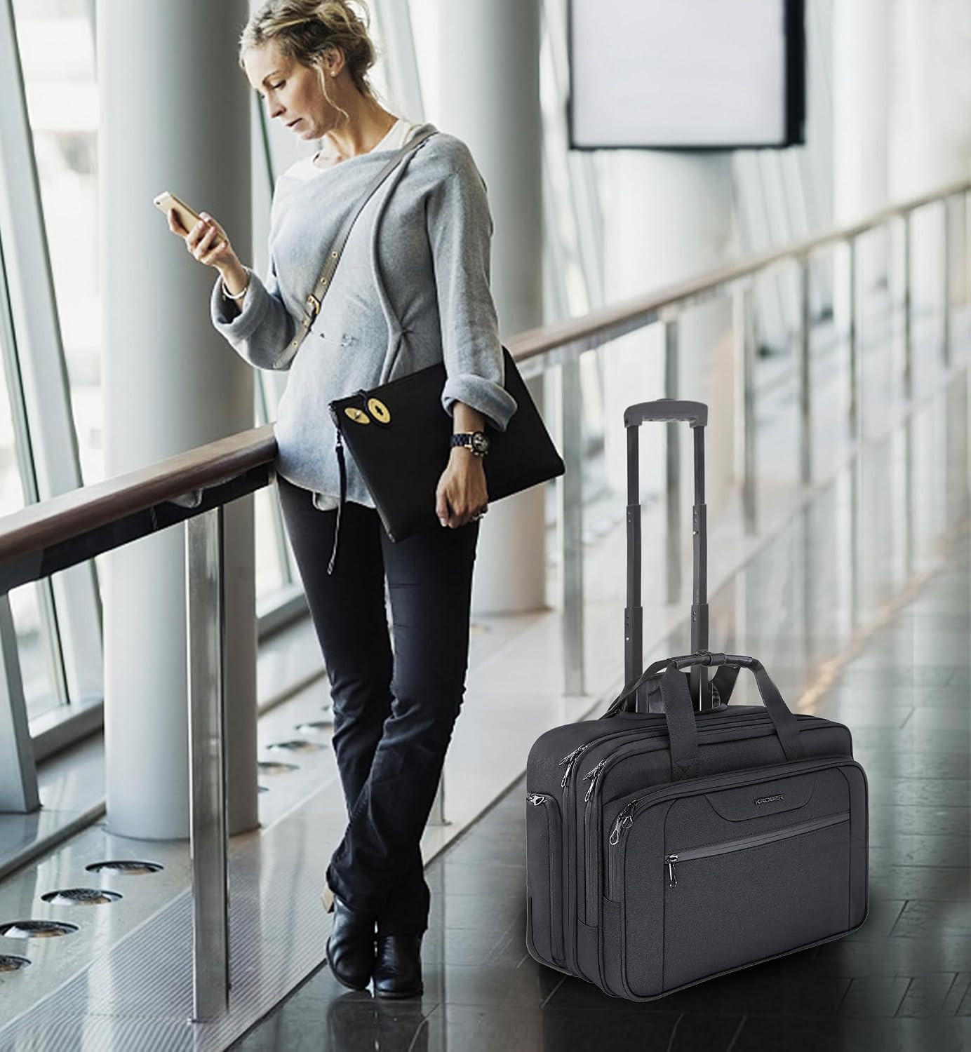 KROSER 17.3 Inch Rolling Laptop Computer Bag,Wheeled Briefcase，Roller case