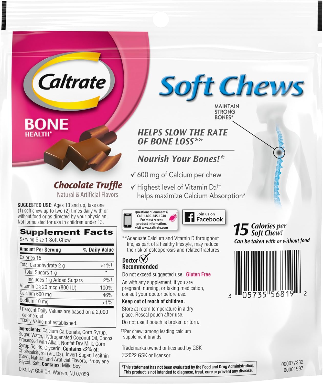 Caltrate Chewables 600 Plus D3 Vitamin D and Calcium Supplement, 60 Count | Chocolate Truffle, Highest Level of Vitamin D3