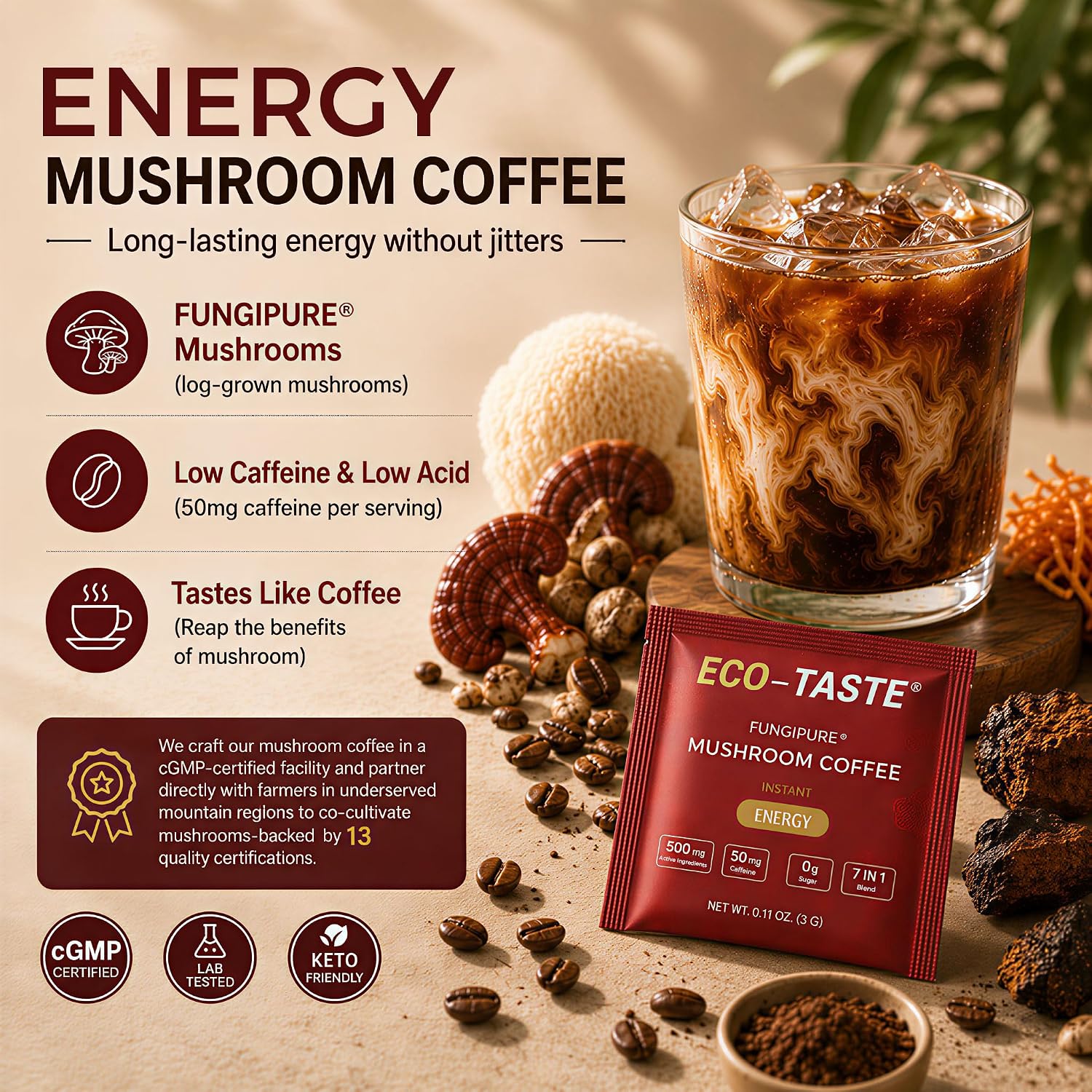 ECO-TASTE Mushroom Coffee Mix for Focus, 12 Sachets