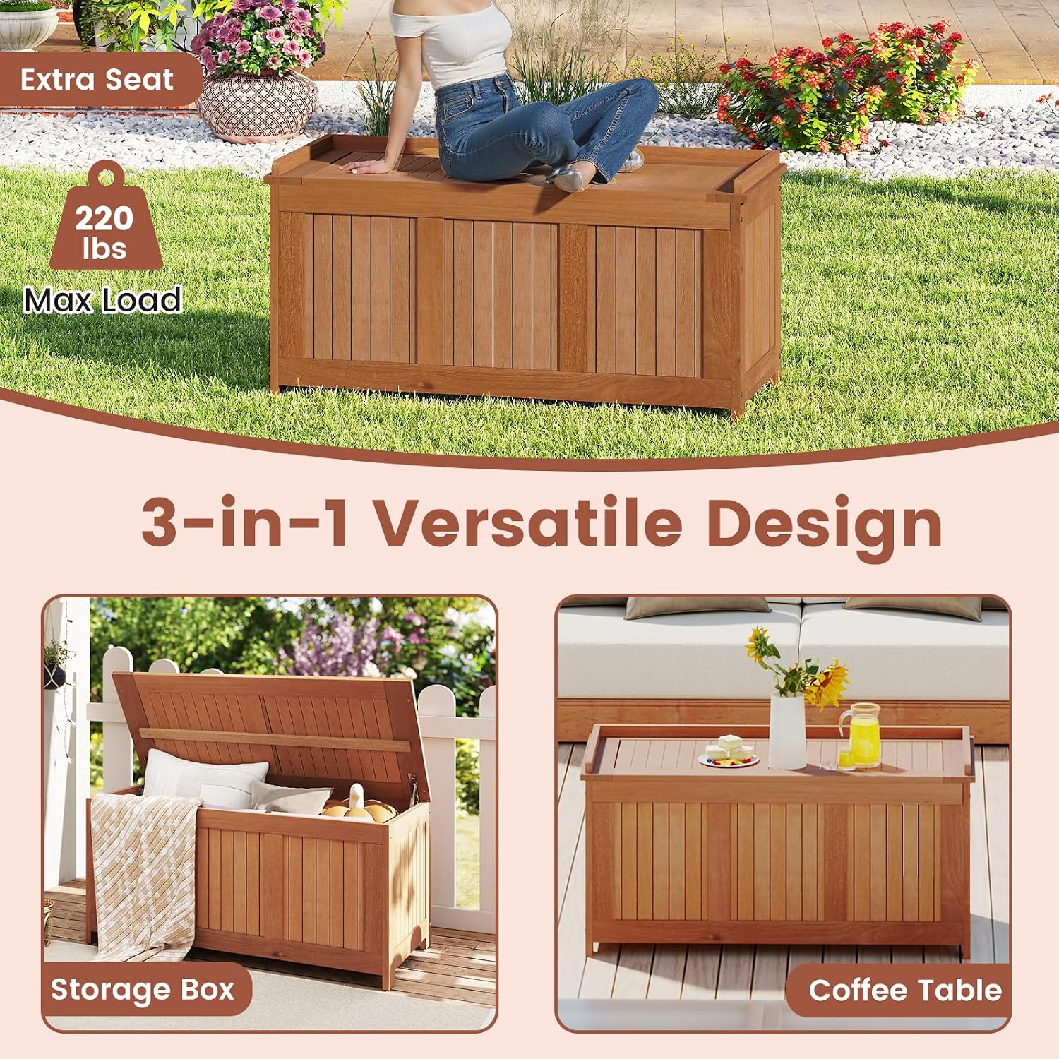 Tangkula 46 Gallon Acacia Wood Deck Box, Garden Backyard Storage Bench, Outdoor Storage Container for Patio Furniture Cushions and Gardening Tools