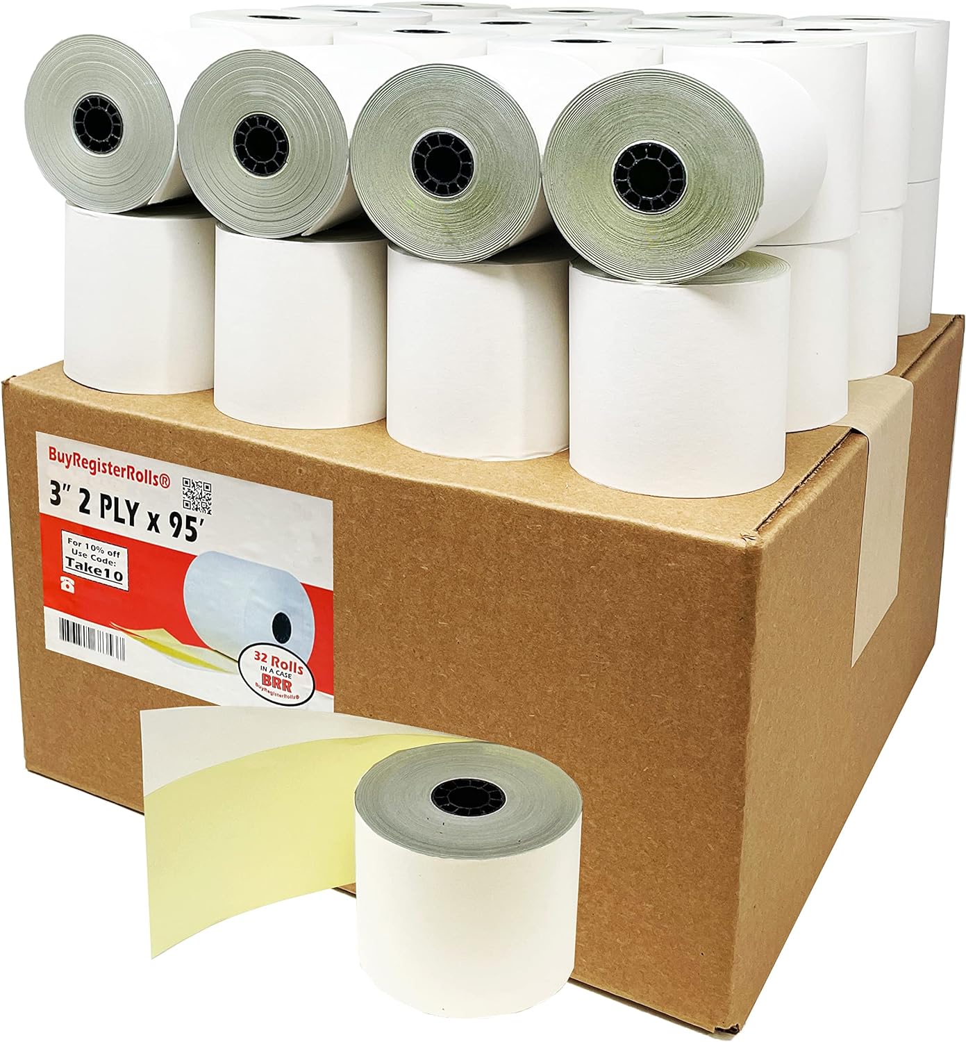 (10 Rolls - 50 GSM) 3'' x 95' White/Canary 2 Ply Carbonless Kitchen Printer Paper Cash Register Receipt Rolls for Star Micronics SP2000, UP389 VeriFone Omni 480, Printer 220, 250, 900 TMU 220