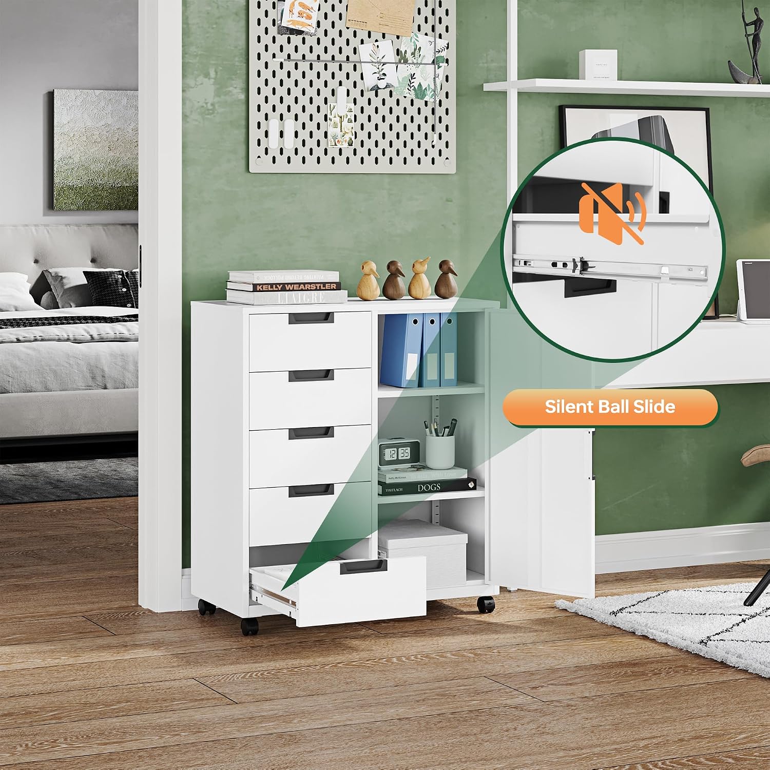 5 Drawer Storage Cabinet, Mobile Printer Stand for Home Office,Dresser Chest with Shelves and Door(White)