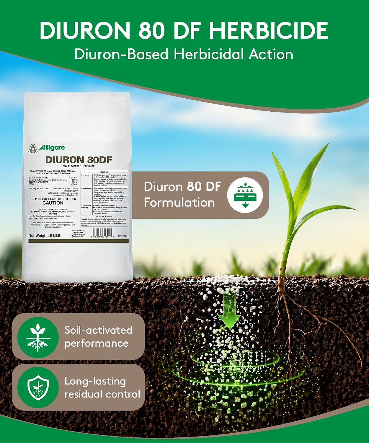 Alligare Diuron 80 DF Herbicide - Pre- & Post-Emergent Weed Killer for Industrial & Non-Crop Areas - Controls Crabgrass, Ryegrass & Broadleaf Weeds - Dry Granules for Ground Application - 5 lb