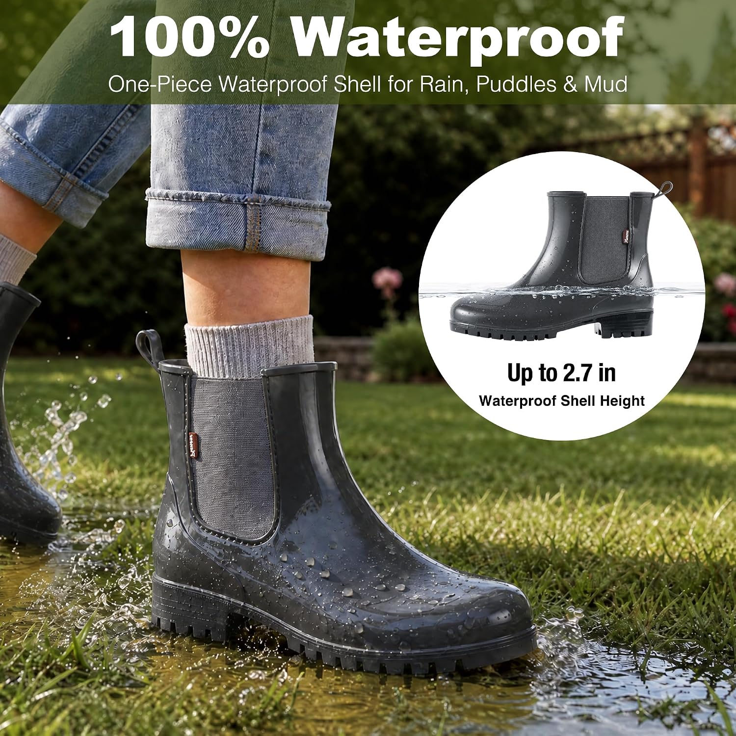 planone Cute Short Rain Boots for Women, Waterproof Chelsea Ankle Boots