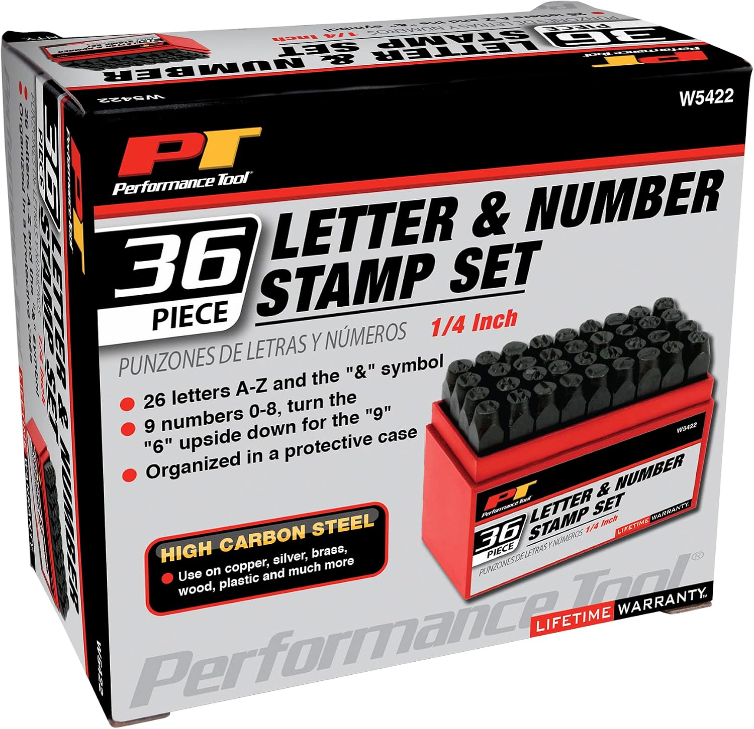 Performance Tool W759 5-Piece 8 in. Long Brass Pin Punch Set | Non-sparking soft metal striking heads. Knurled steel handles. Pin sizes from 1/8 to 3/8 inch