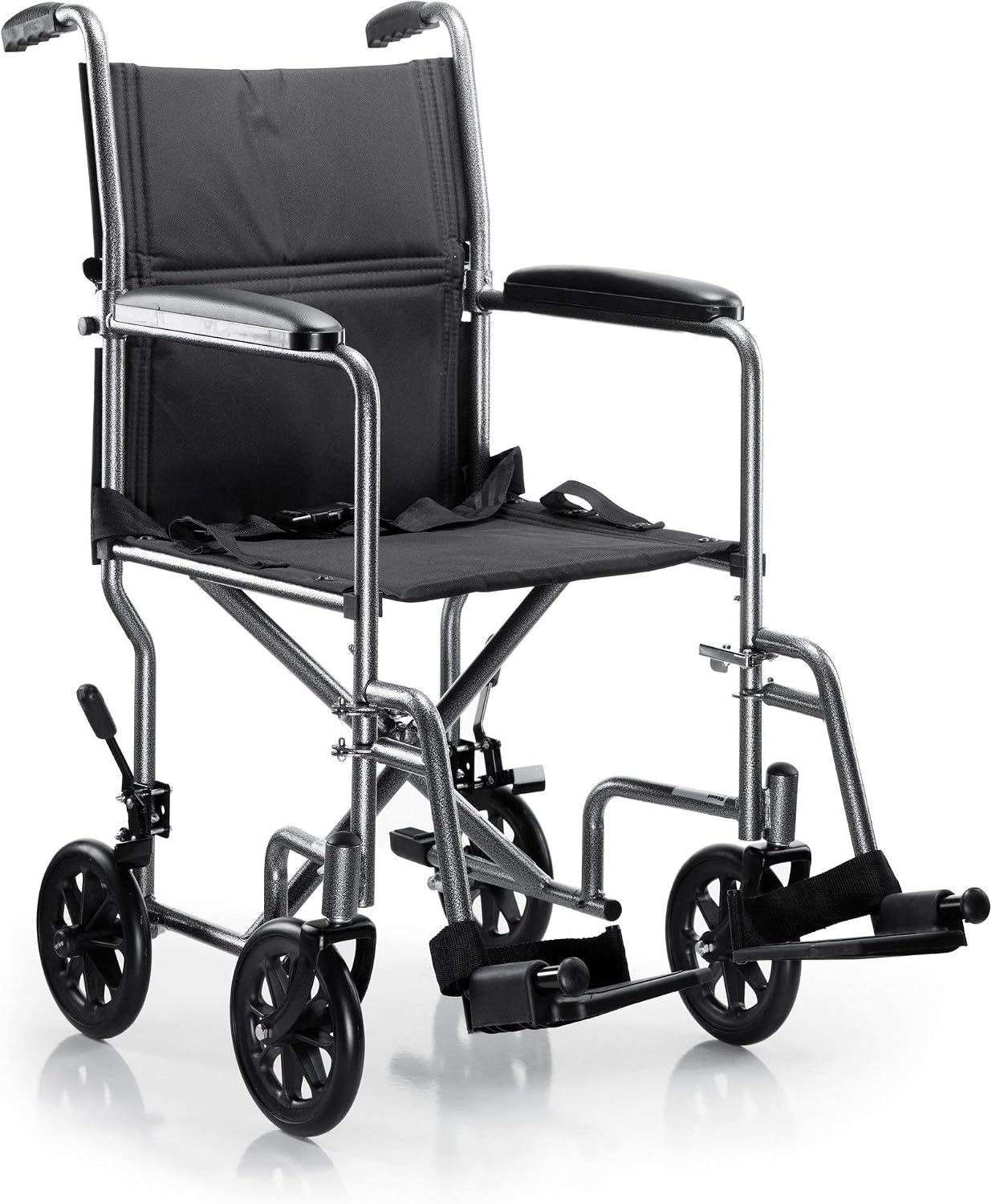McKesson Transport Wheelchair, Silver, Black, 19 in, 1 ct | Lightweight, Steel, Silver Vein Finish