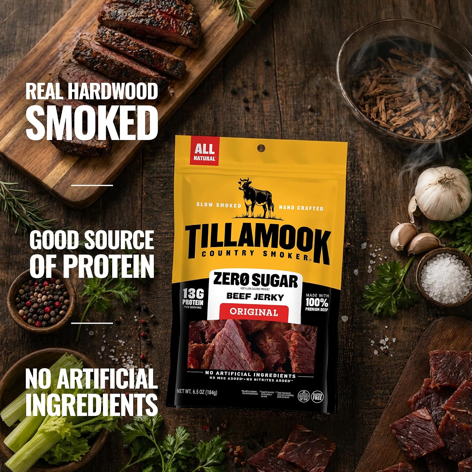 Tillamook Country Smoker Zero Sugar Original Beef Jerky Sticks, 6.5 Oz, 14g Protein, Real Hardwood Slow-Smoked, High Protein, Low Carb Meat Snacks, Keto-Friendly, 0g Sugar & Total Carbs