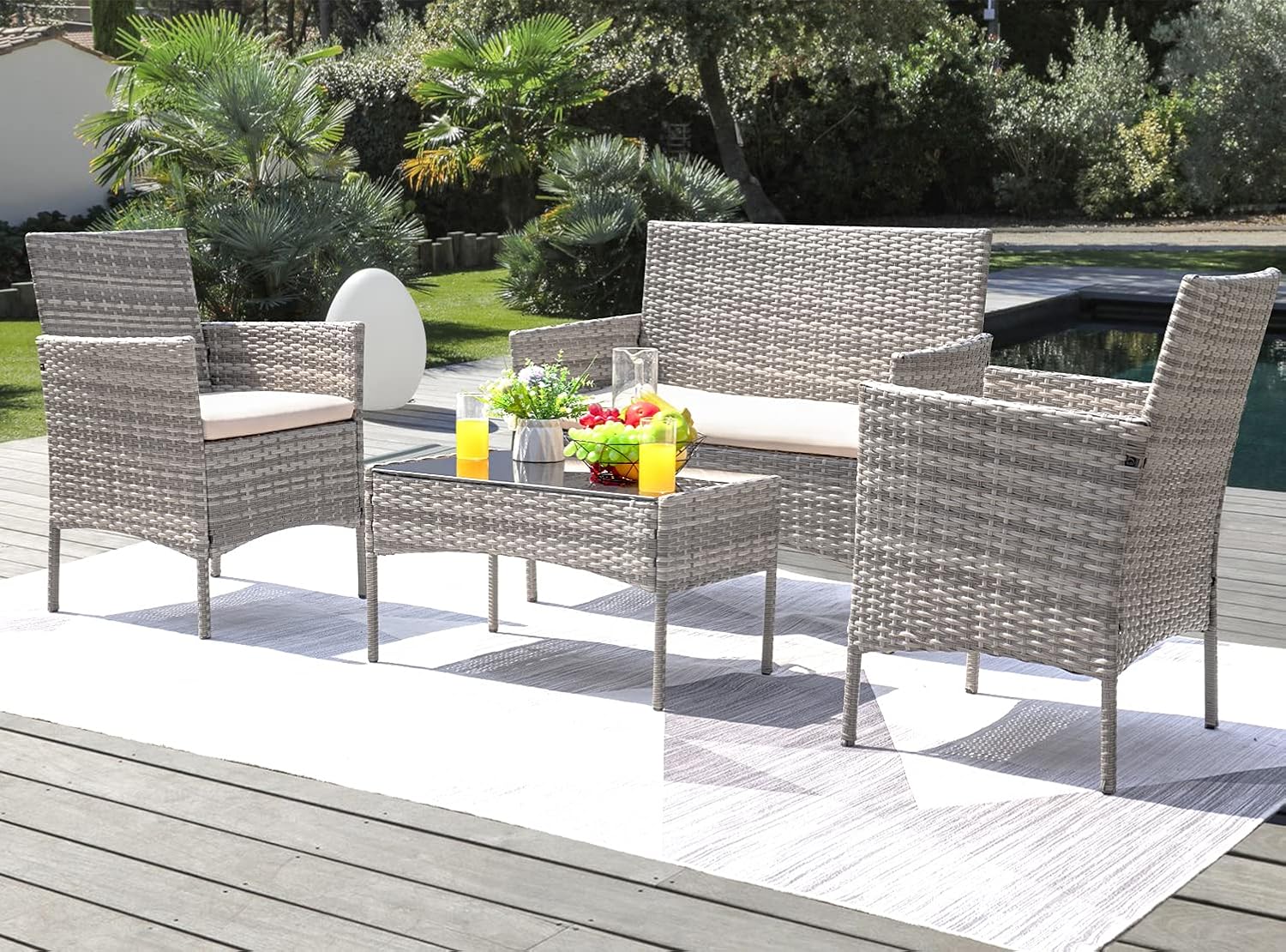 Greesum Patio Furniture 4 Pieces Conversation Sets,Brown and Beige